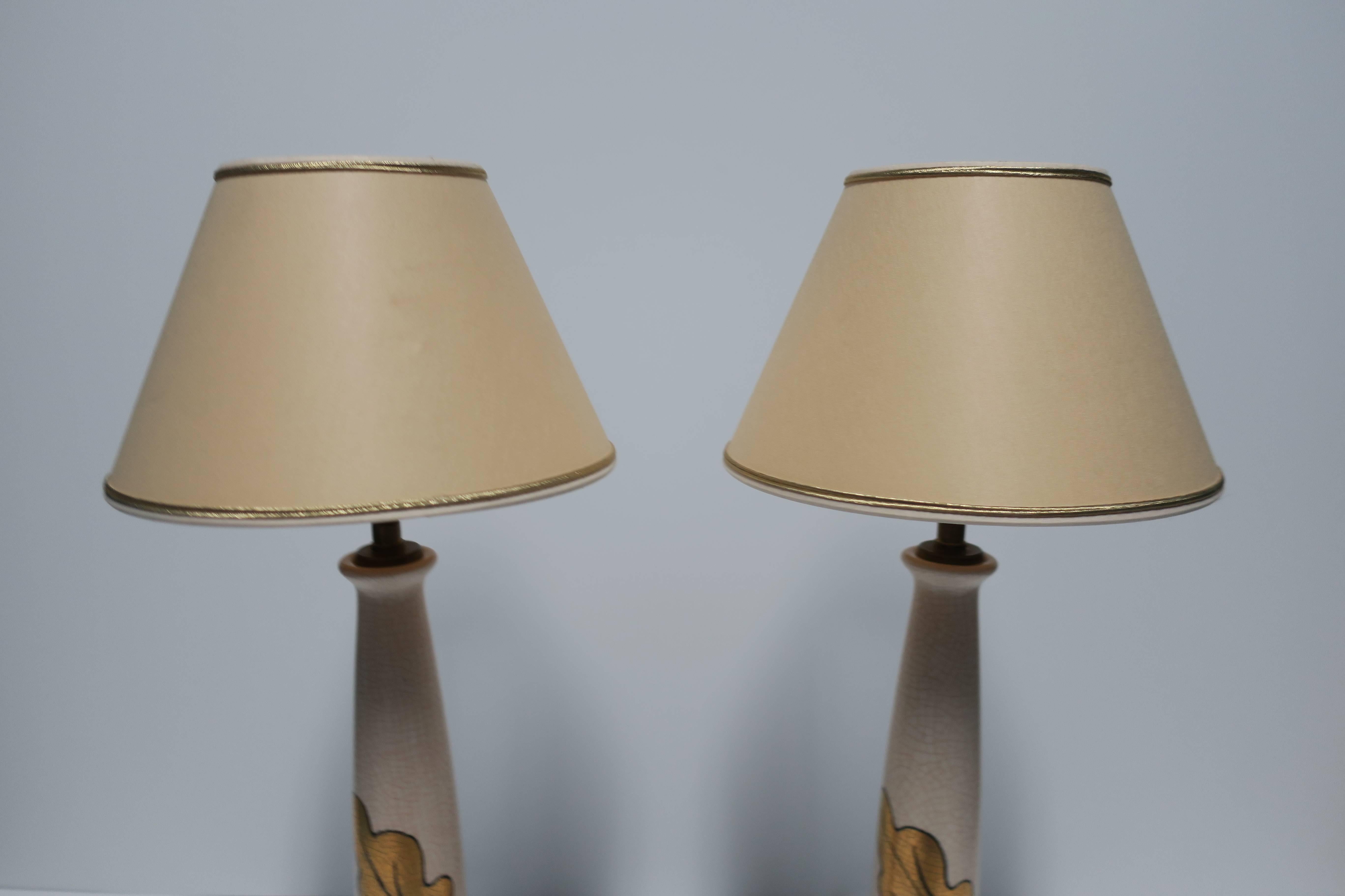 French Ceramic Desk or Table Lamps with Gold Acanthus Leaf, Pair 1