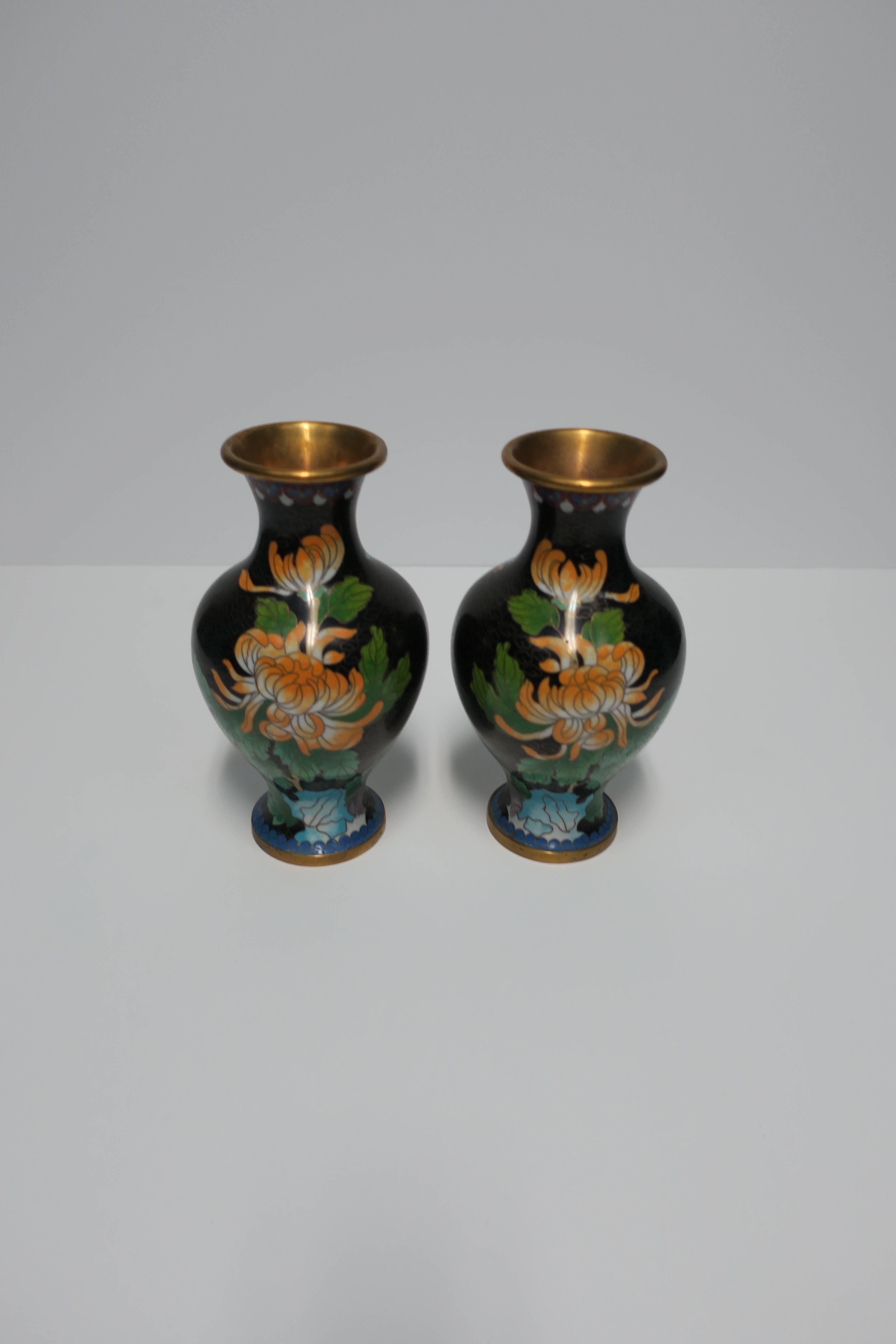Black and Green Cloisonné́ Enamel and Brass Flower Vases, Pair In Good Condition For Sale In New York, NY