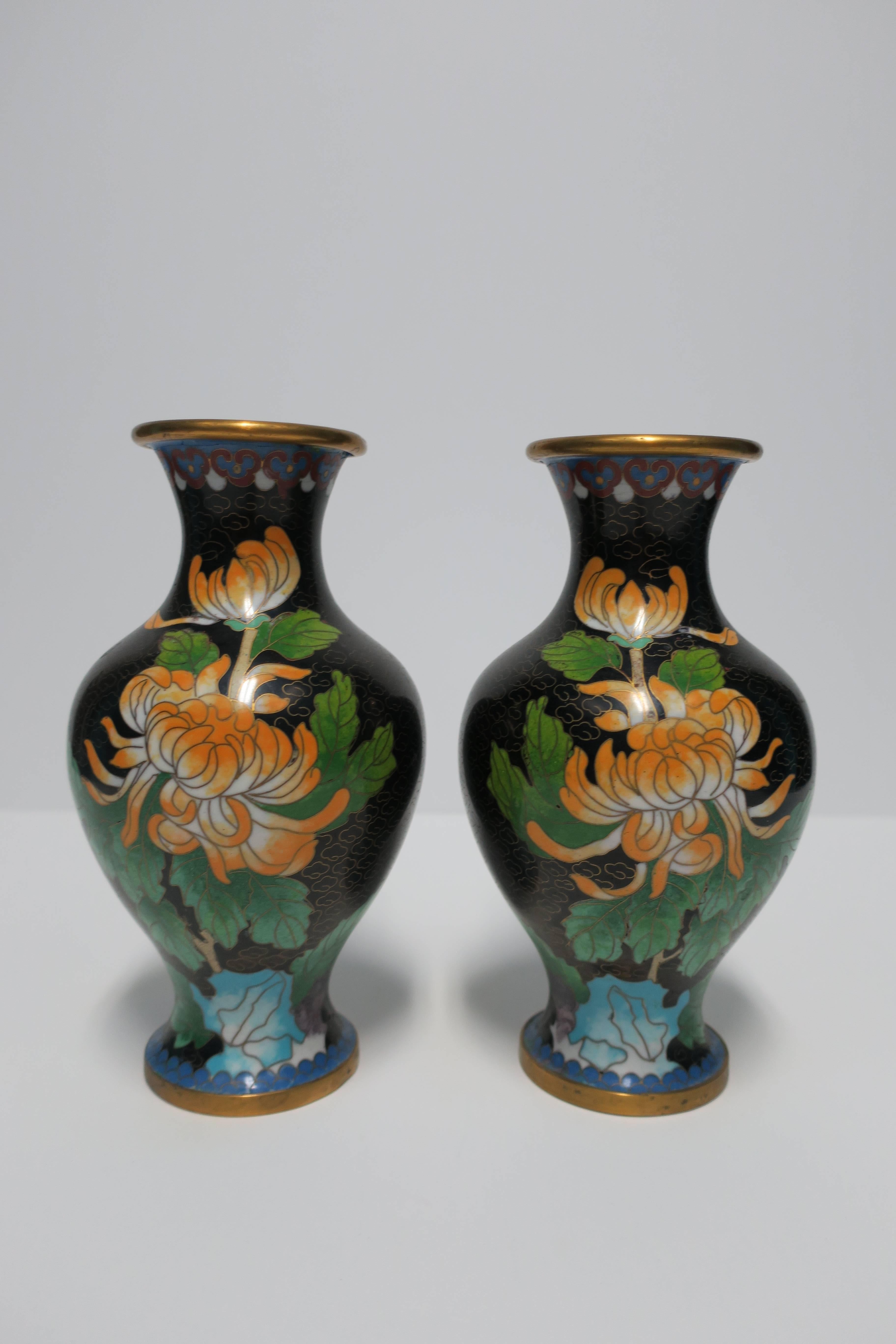 20th Century Black and Green Cloisonné́ Enamel and Brass Flower Vases, Pair For Sale