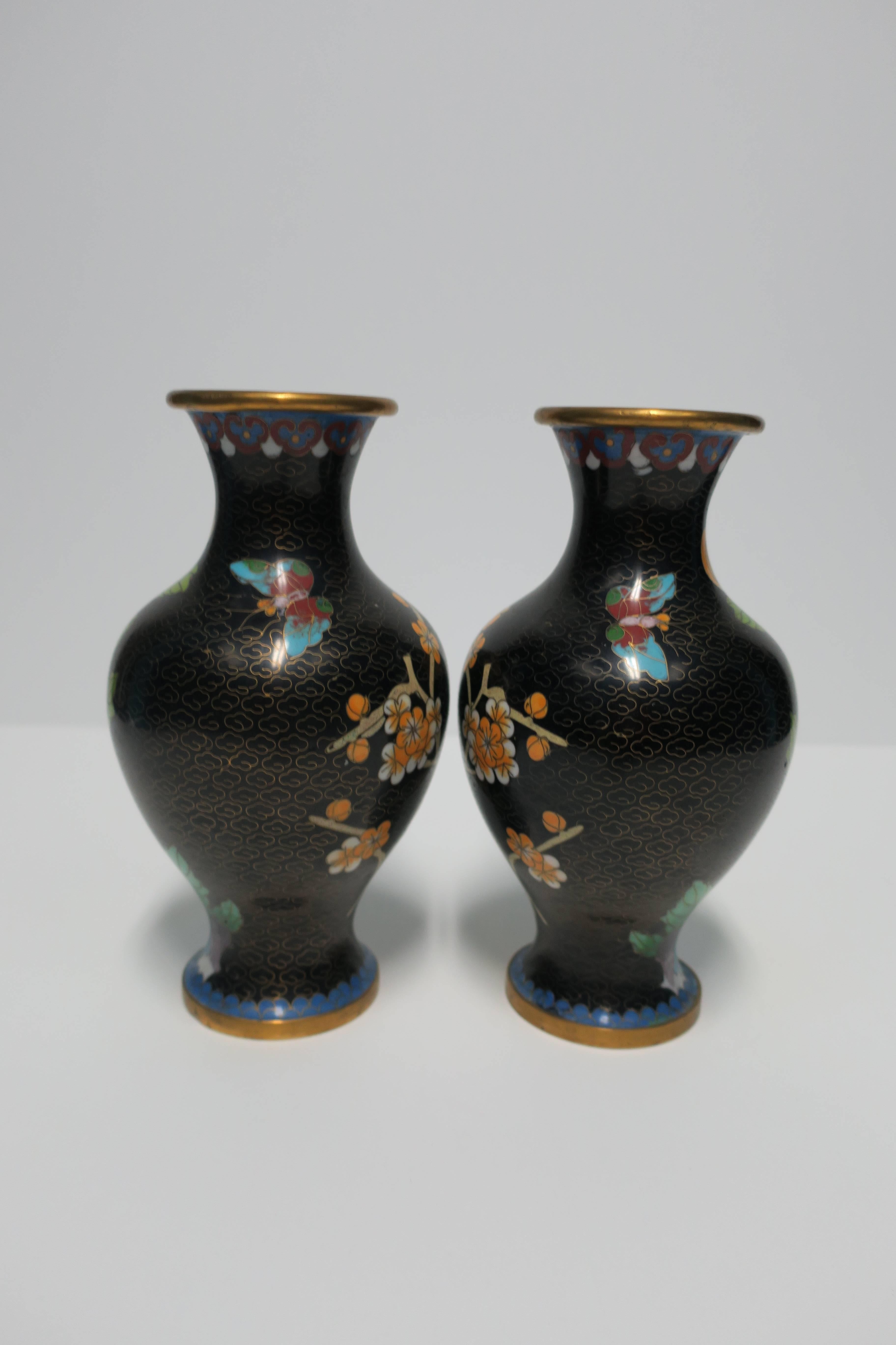 Black and Green Cloisonné́ Enamel and Brass Flower Vases, Pair For Sale 5
