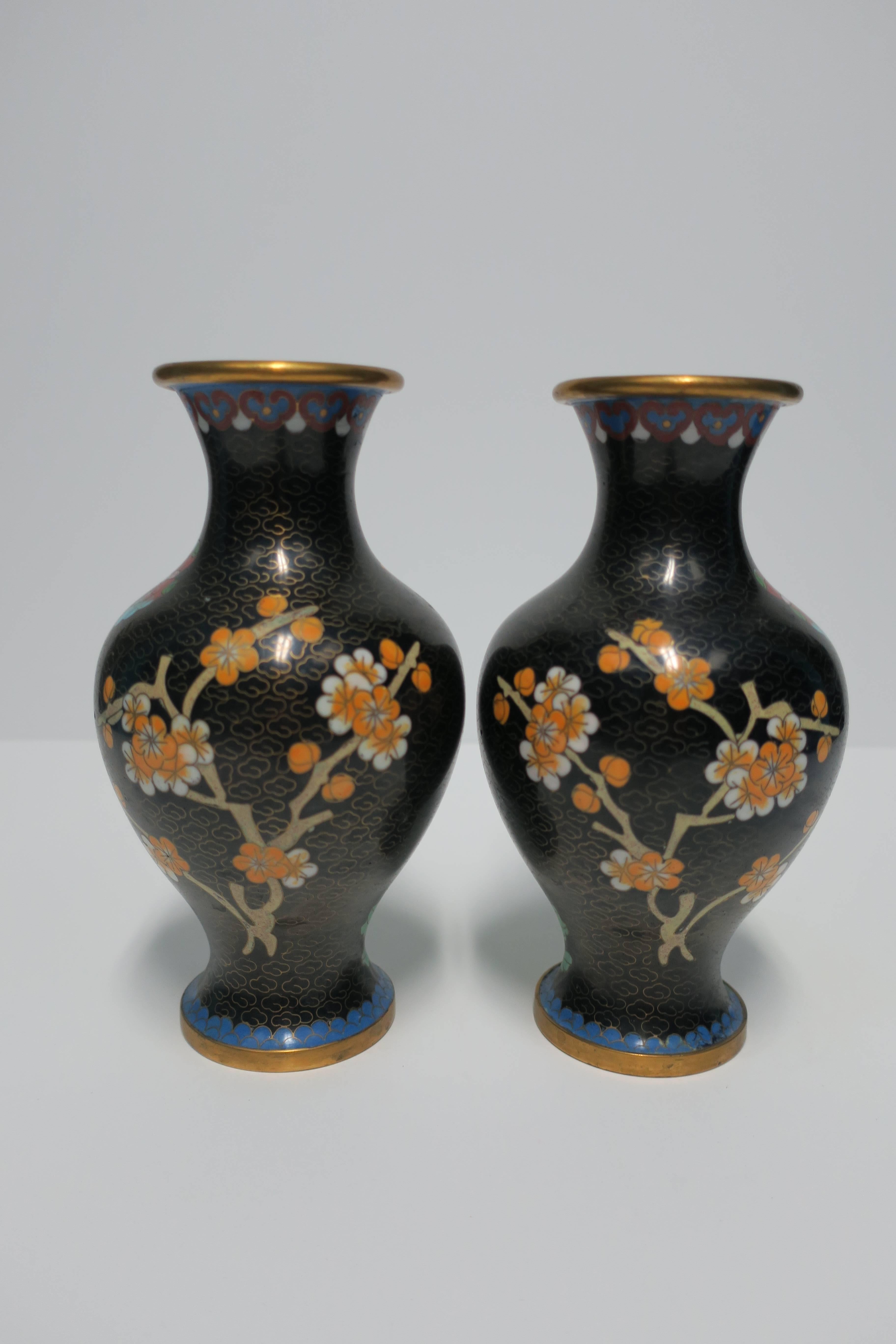 Black and Green Cloisonné́ Enamel and Brass Flower Vases, Pair For Sale 3