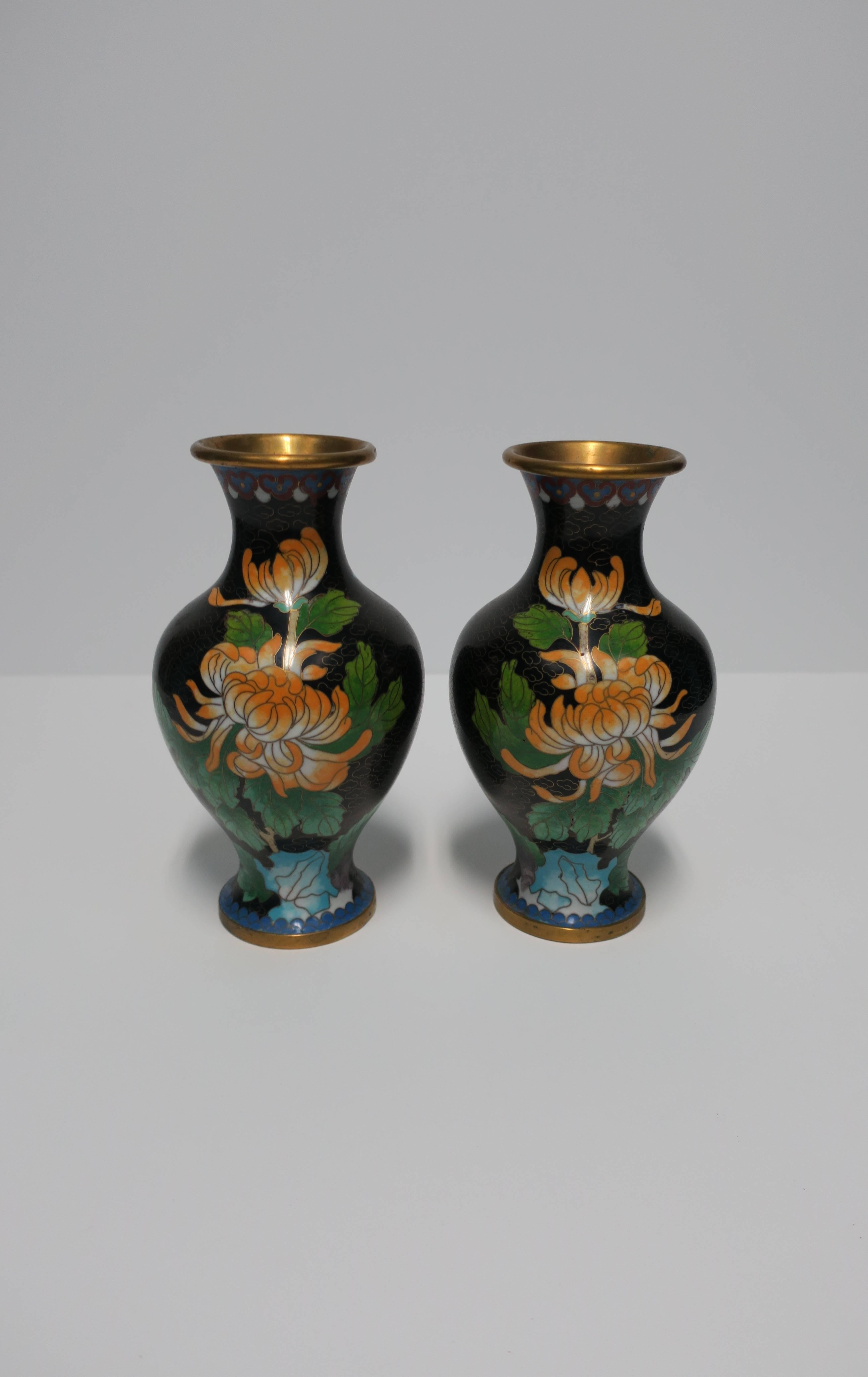 Enameled Black and Green Cloisonné́ Enamel and Brass Flower Vases, Pair For Sale