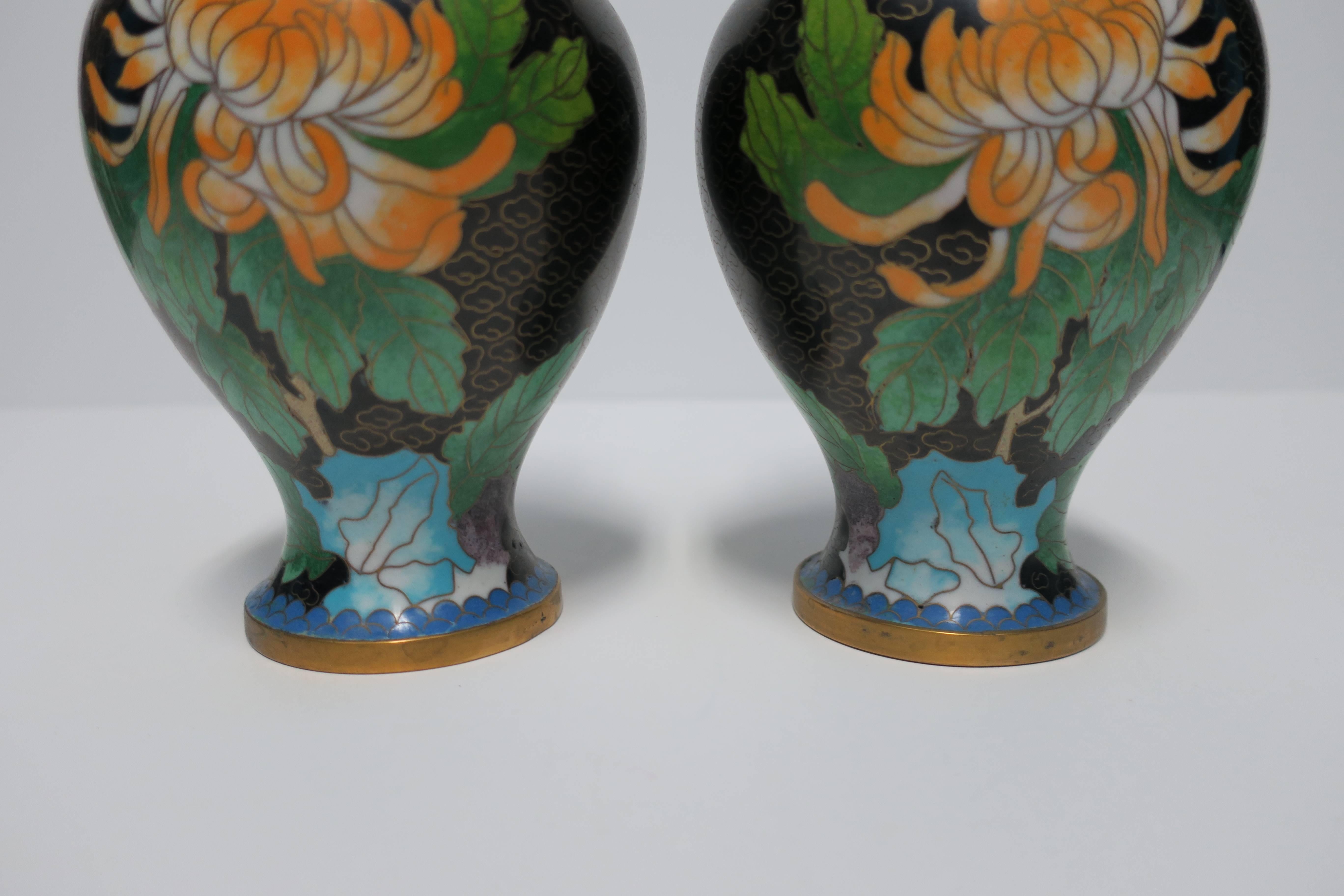 Black and Green Cloisonné́ Enamel and Brass Flower Vases, Pair For Sale 2