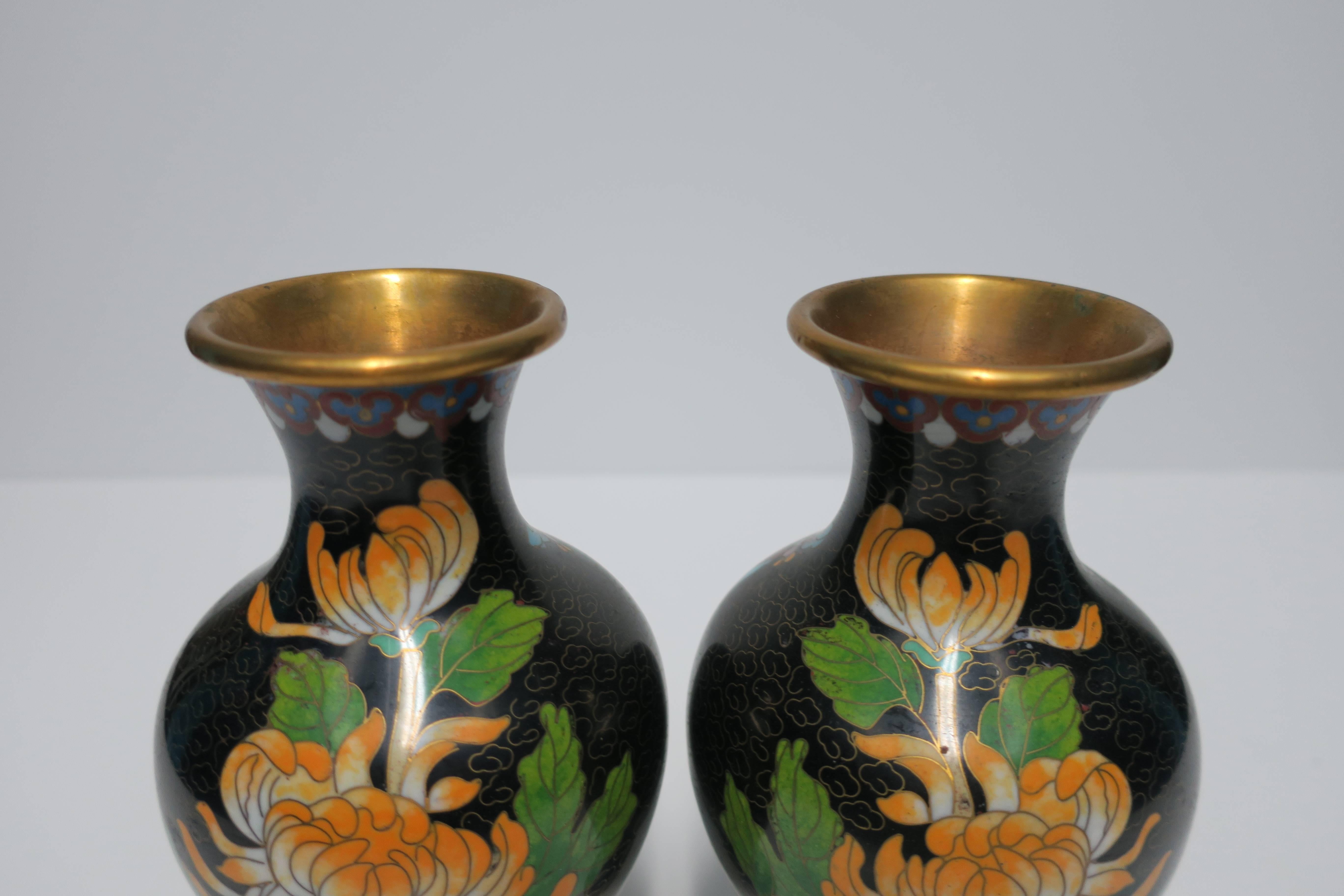 Black and Green Cloisonné́ Enamel and Brass Flower Vases, Pair For Sale 1