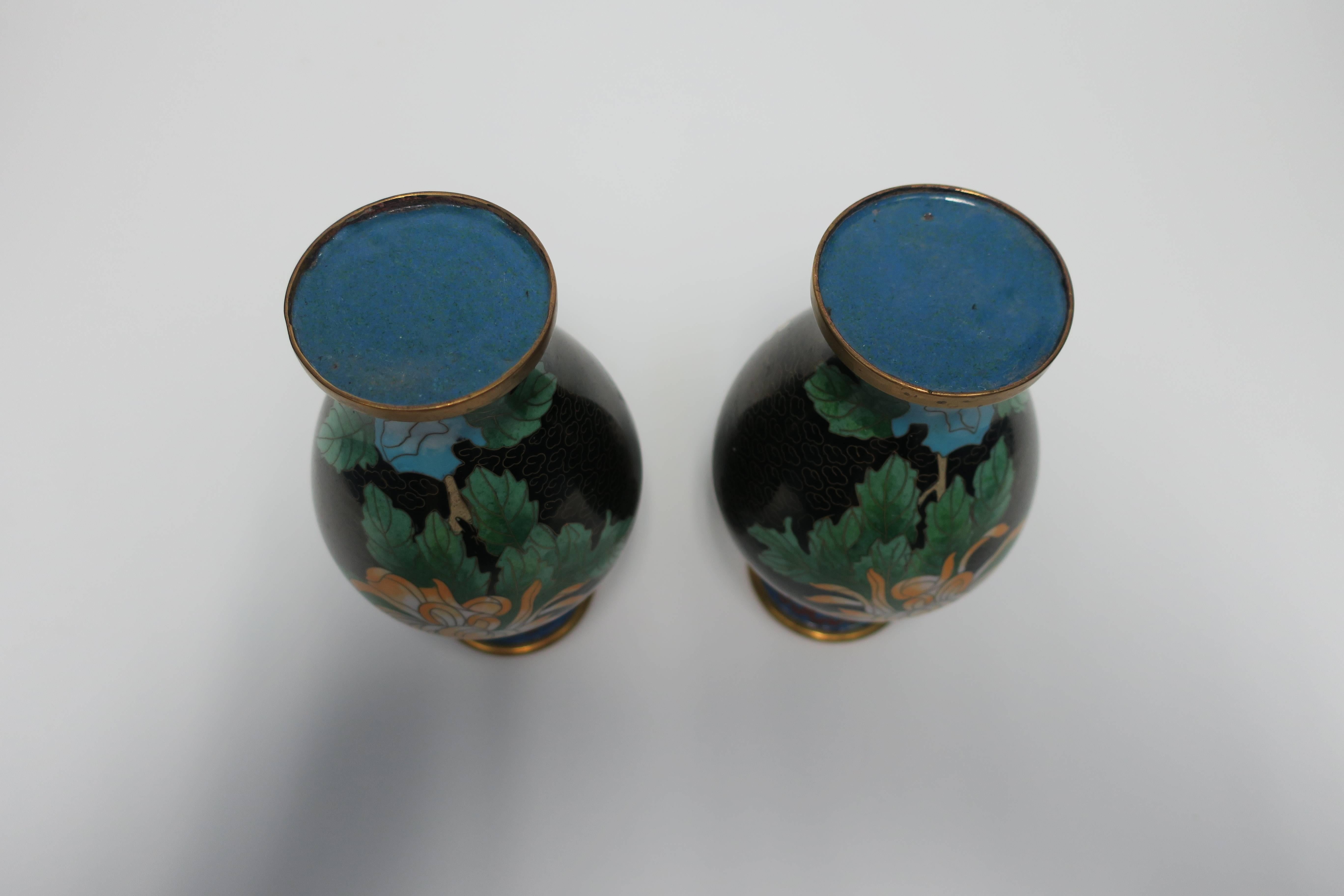 Black and Green Cloisonné́ Enamel and Brass Flower Vases, Pair For Sale 6
