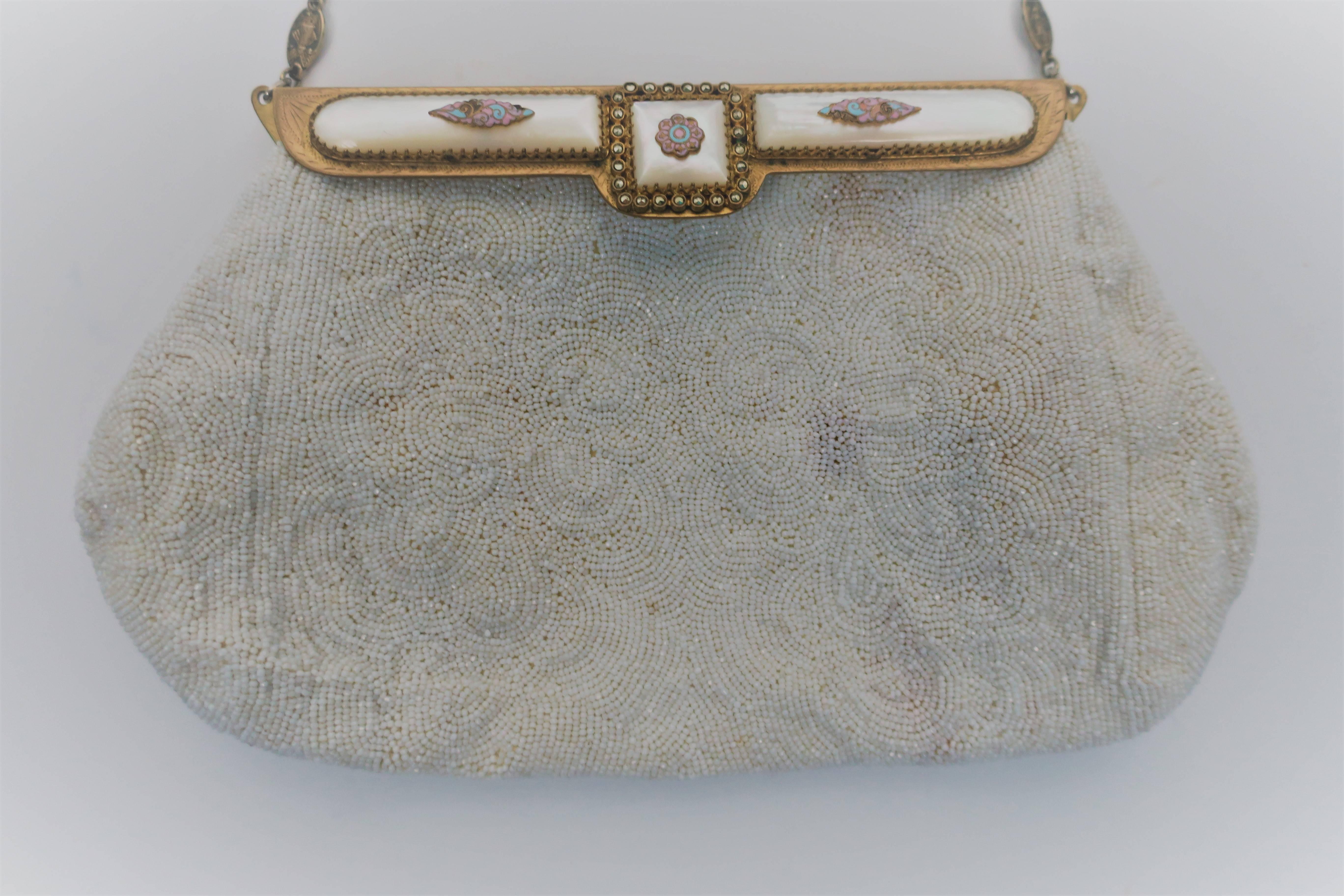 European Vintage White Beaded Handbag  For Sale