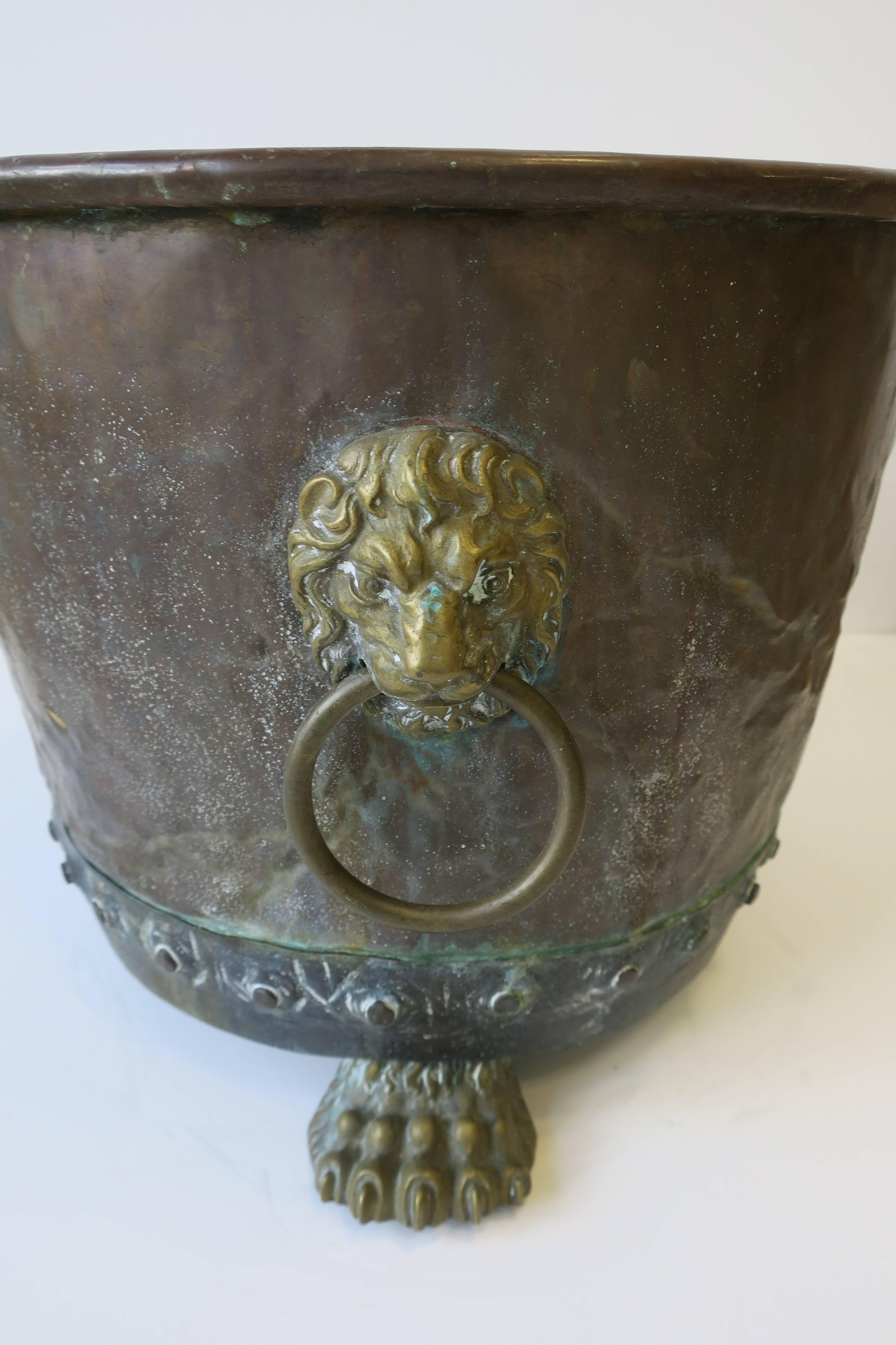 Neoclassical Antique English Brass and Copper Firewood Log Holder with Lion Details