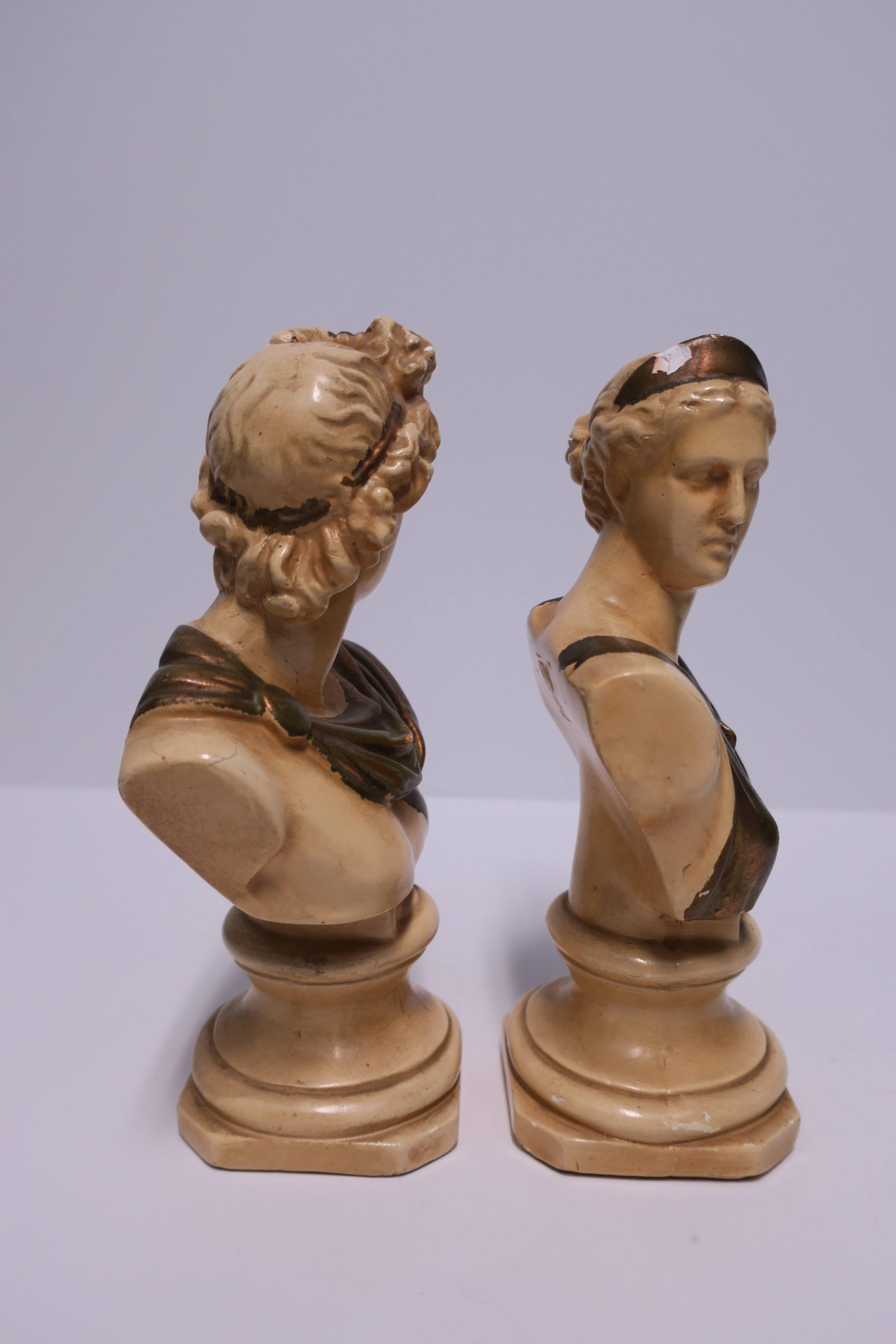 Polychromed Pair Midcentury Italian Male and Female Classic Roman Bust Sculptures