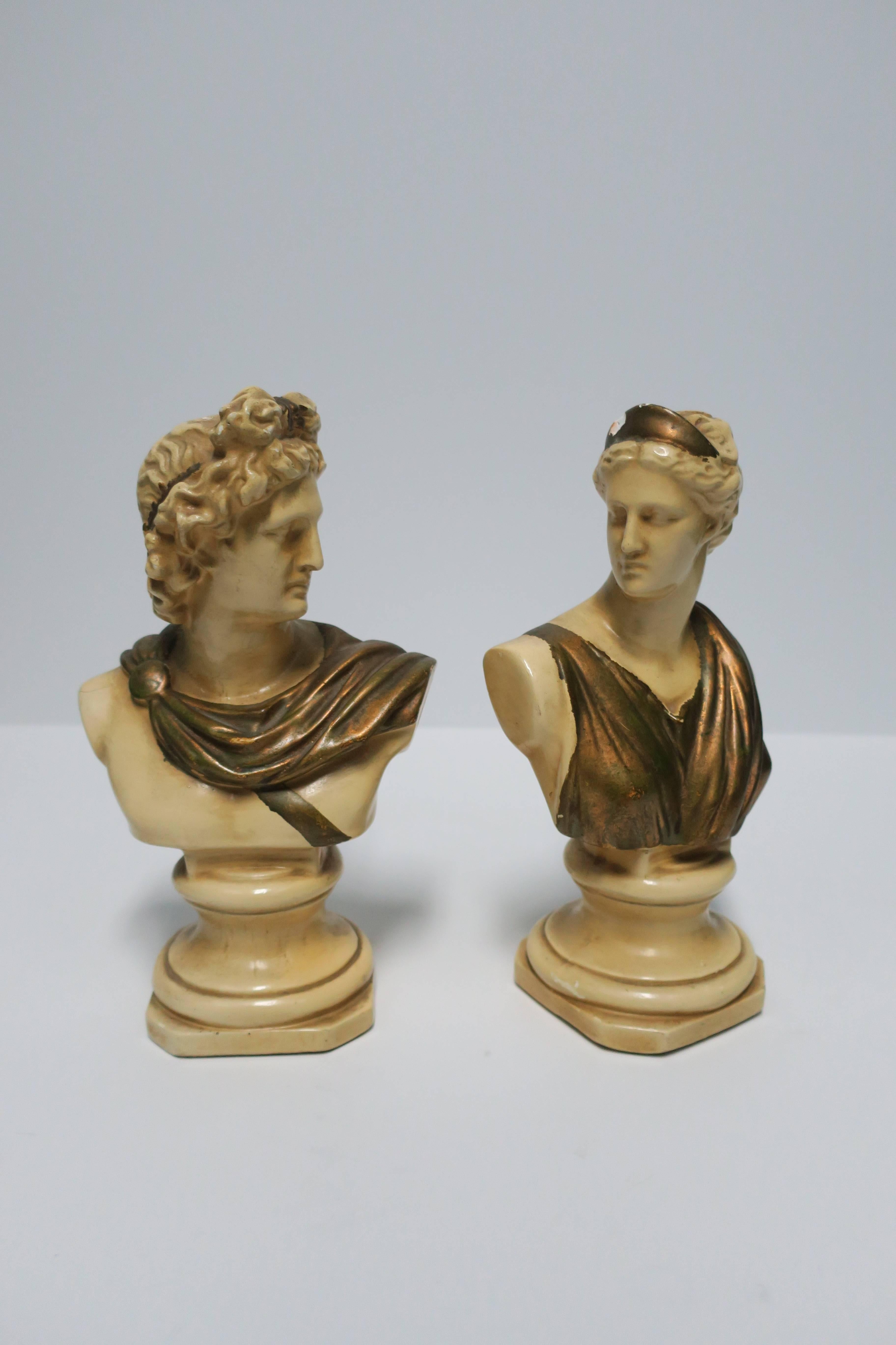 Pair vintage Mid-Century Italian male and female Classical Roman style bust sculptures. 

Busts measure: 9.5 in. H x 5.5 in. W

Pair available here online. By request, pair can be made available by appointment to the trade in New York.
  