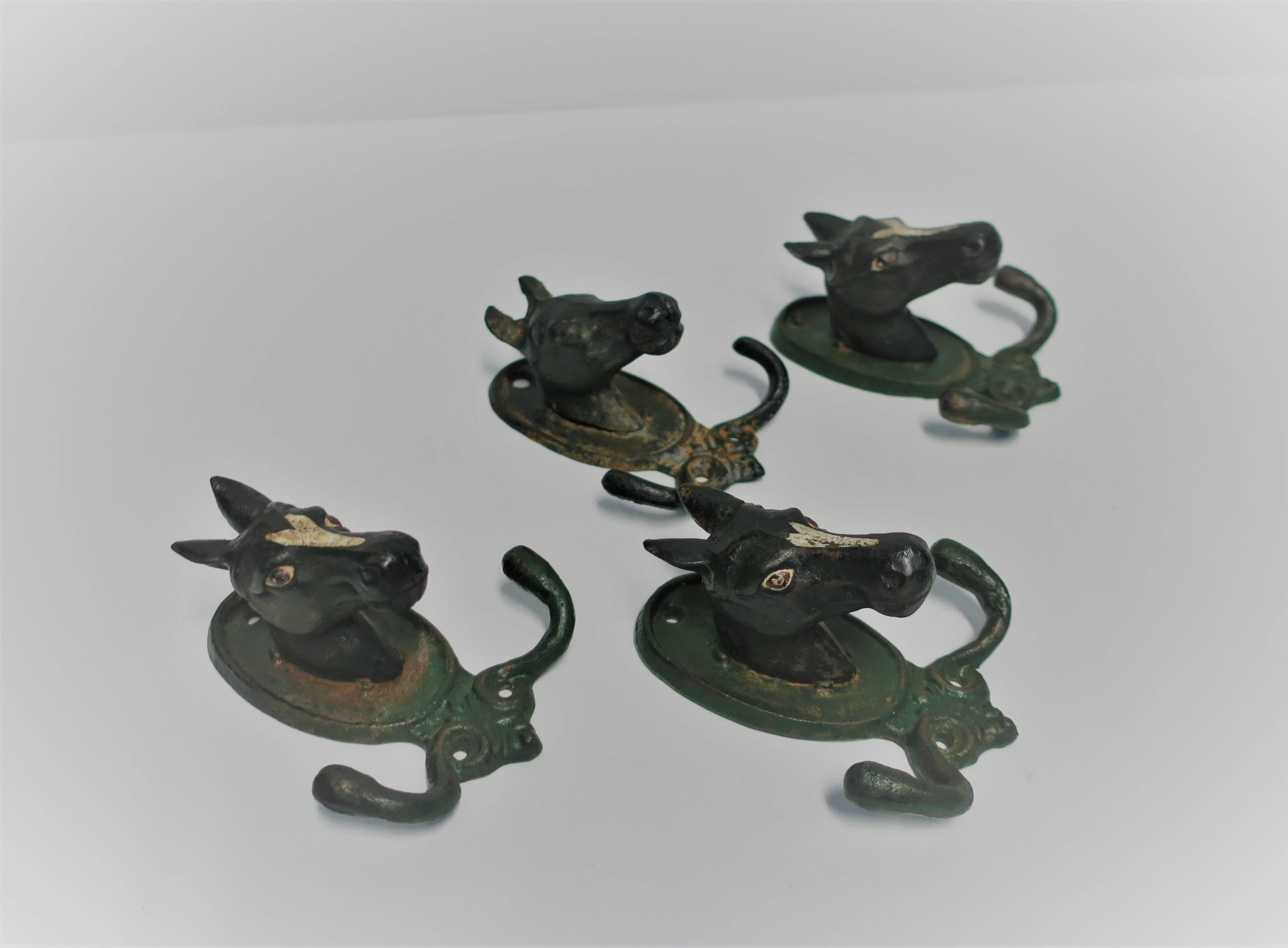Hand-Painted Set of Four Vintage Horse or Equine Iron Hardware Wall Hooks