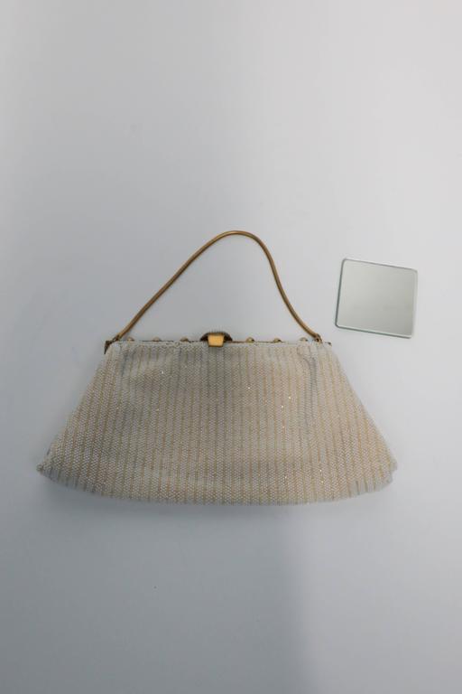 Brass French White Bejeweled and Beaded Evening Bag, France For Sale