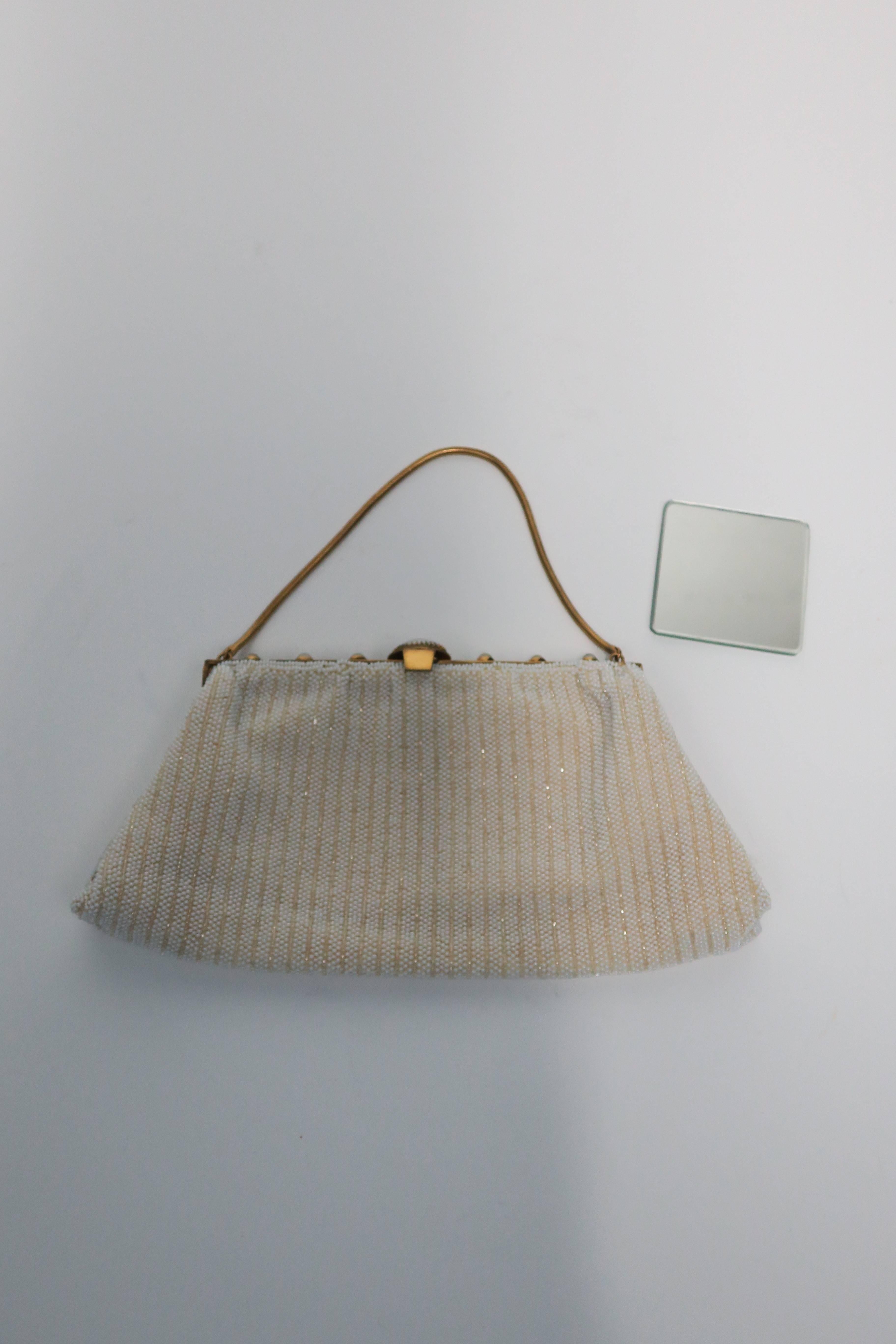 Brass French White Beaded Evening Bag For Sale