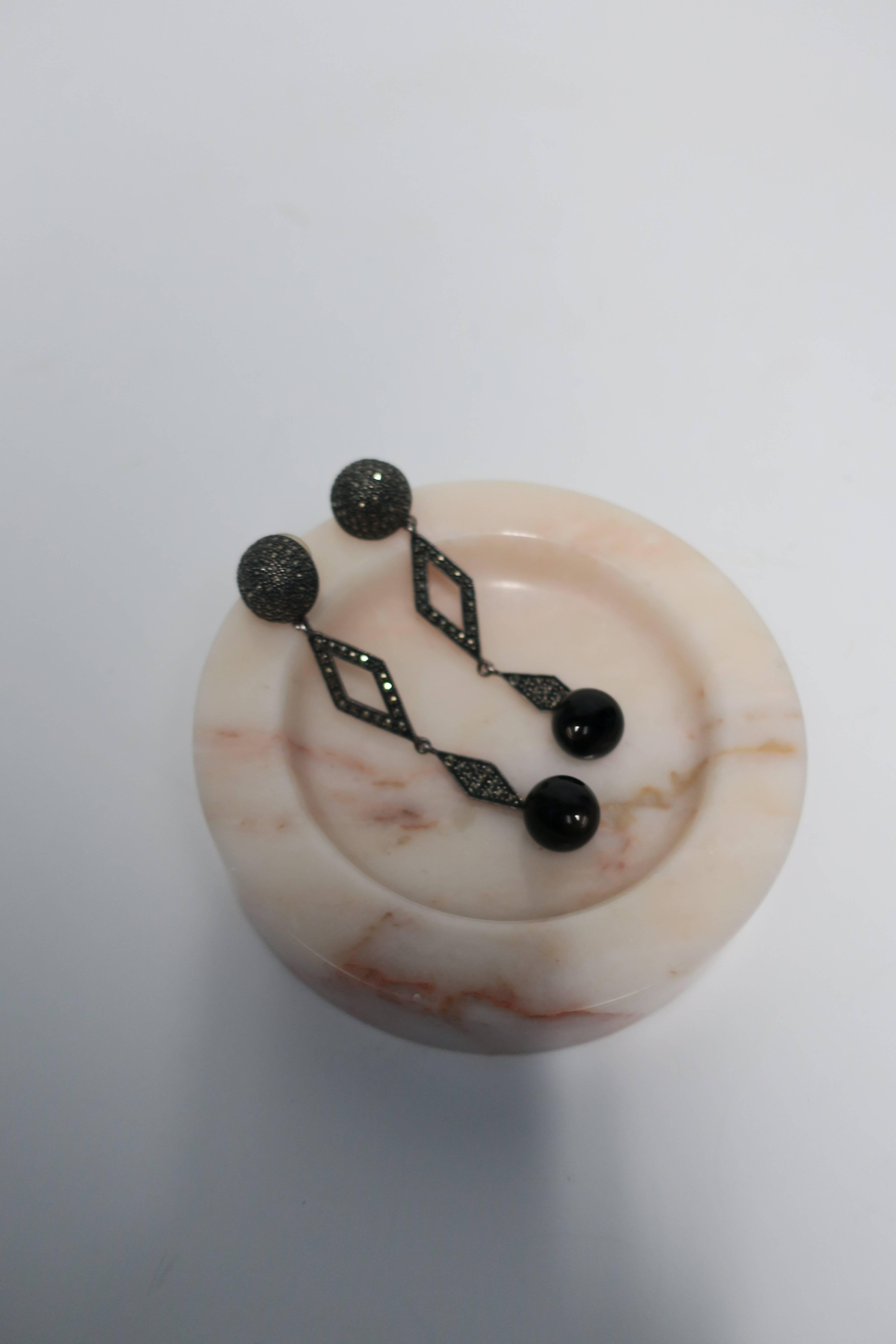 20th Century Long Art Deco Black Onyx and Sterling Silver Earrings