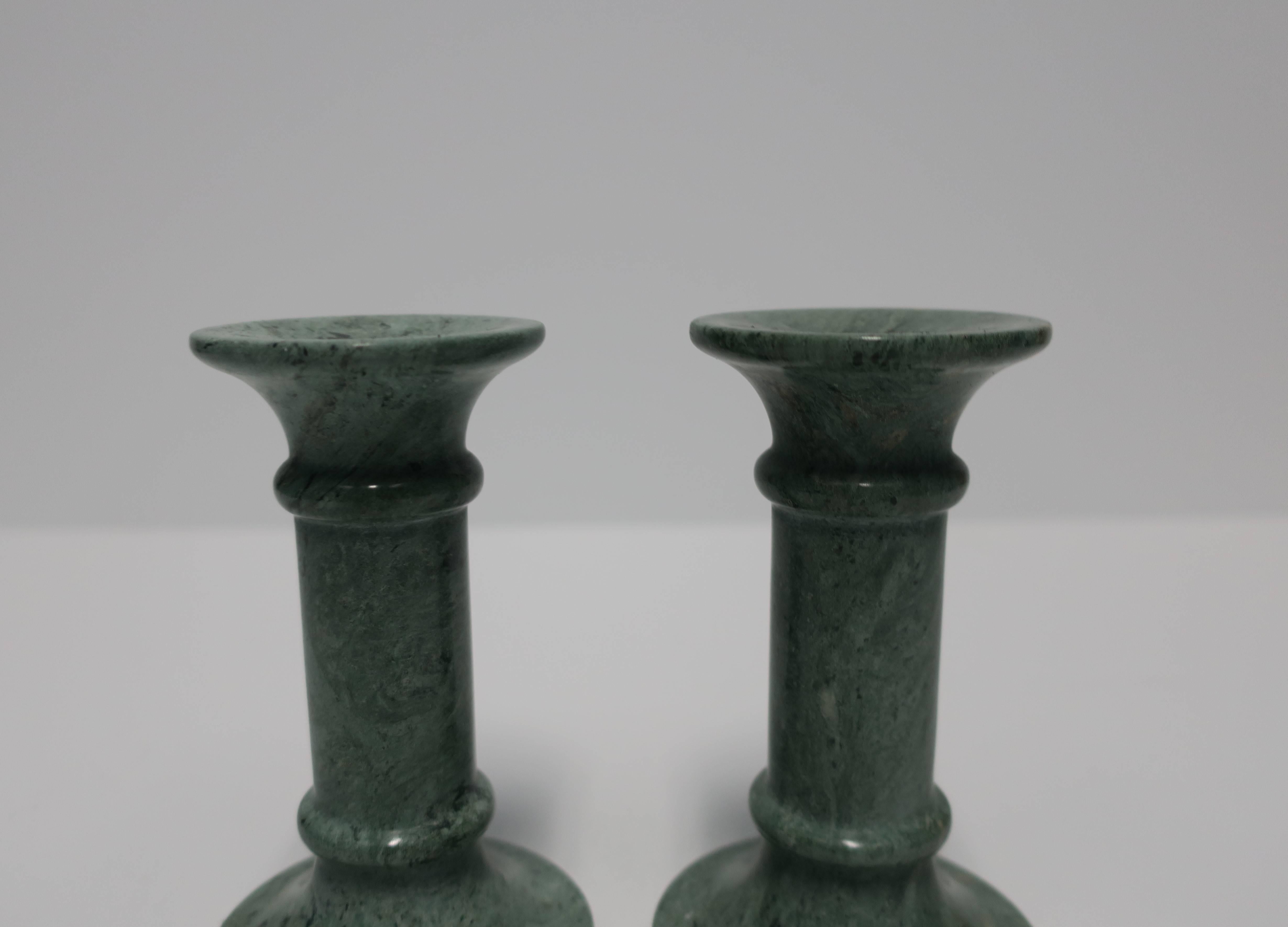 European Dark Green Marble Candlestick Holders, Pair