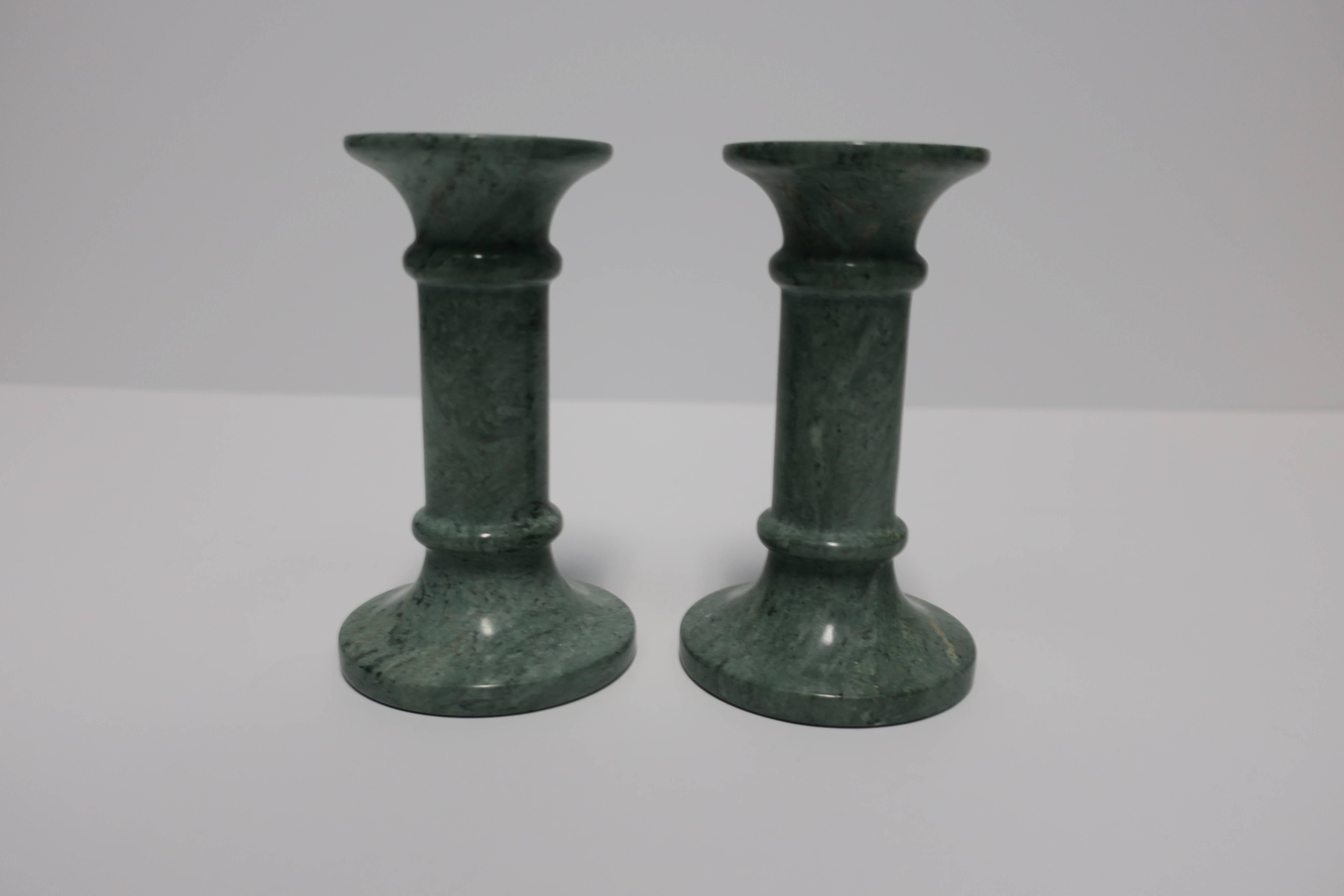 Dark Green Marble Candlestick Holders, Pair In Excellent Condition In New York, NY
