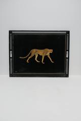 Vintage Black and Gold Art Deco Serving Tray with Cheetah Cat, 1970s