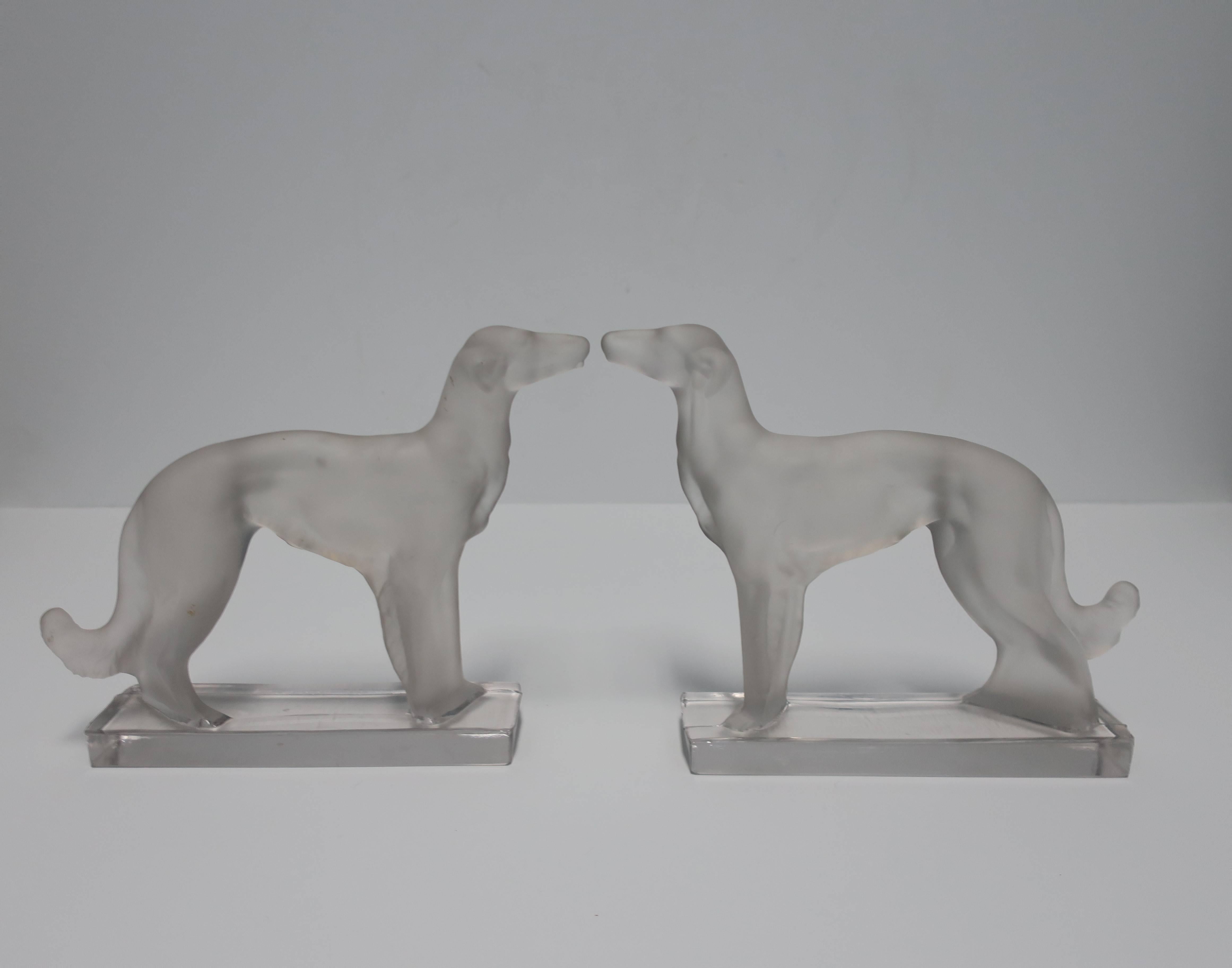 A beautiful pair of Art Deco 'Borzoi' Wolfhound dog crystal bookends or sculpture pieces, circa 1930s - 1940s. Dimensions: 8