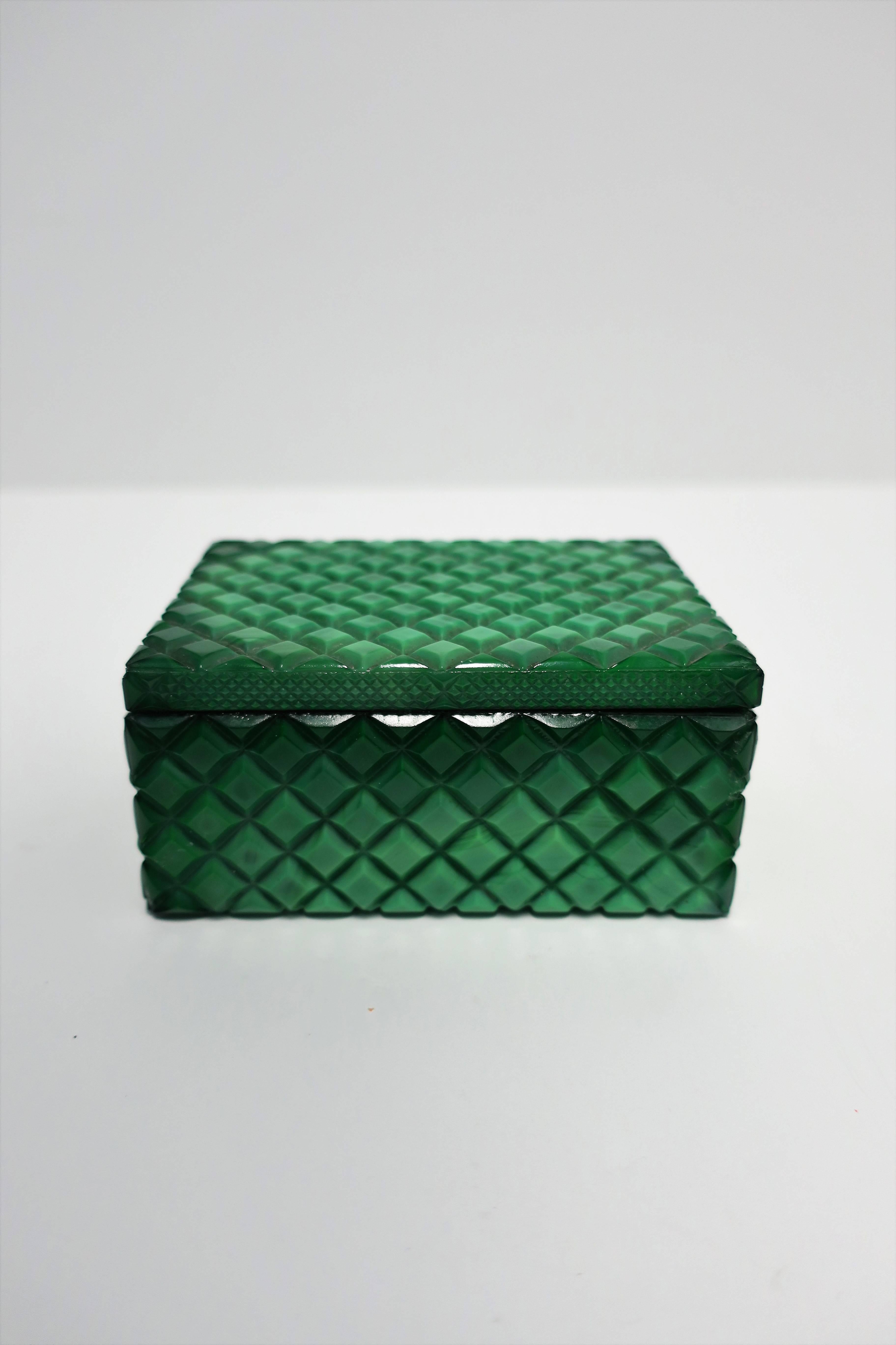 A vintage 'malachite green style' rectangular glass box with quilted diamond design. Box can hold jewelry or other items. Box available here online. By request, box can be made available by appointment to the Trade in New York.