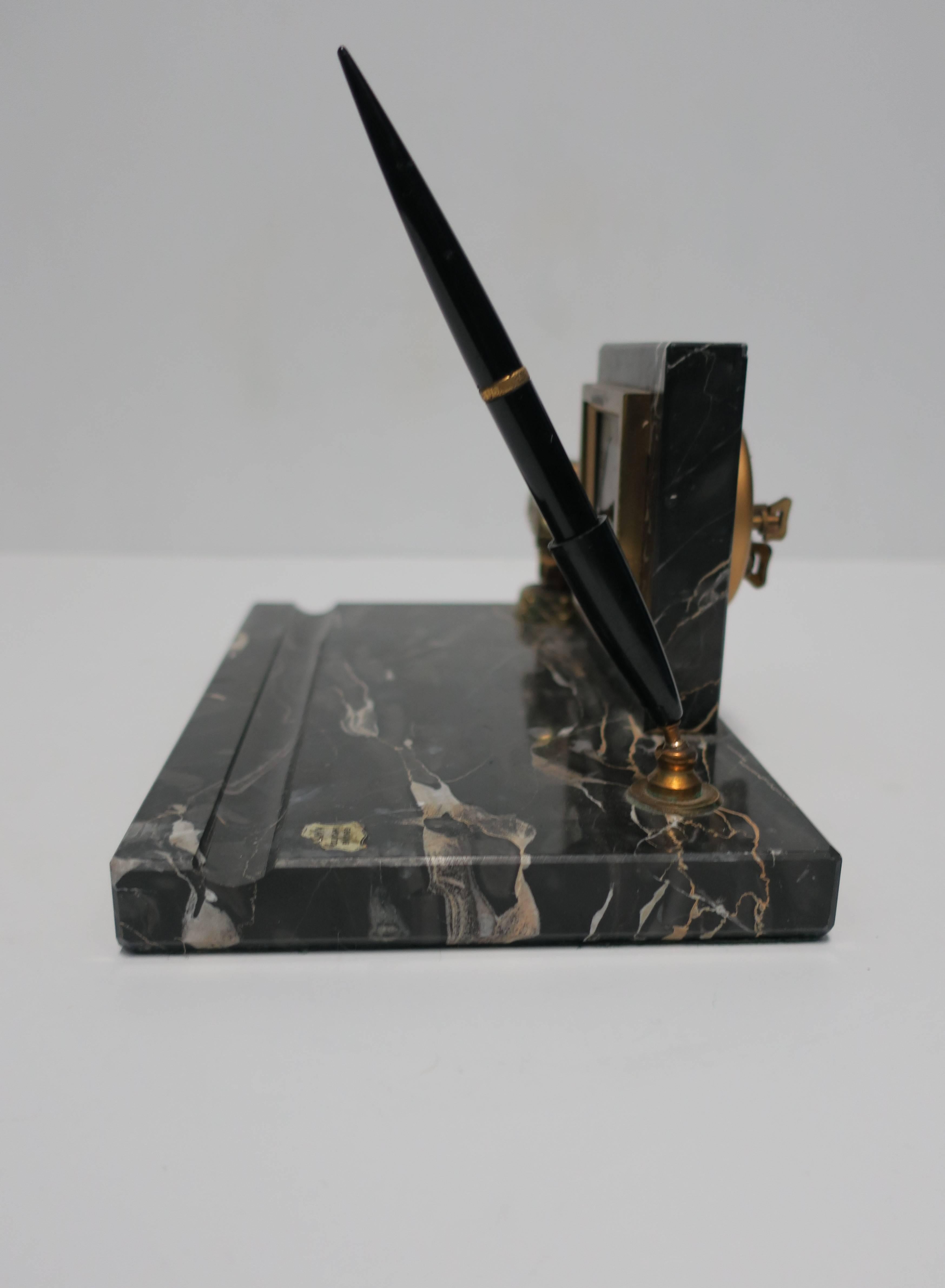 French Art Deco Black Marble Clock and Pen Desk Set In Good Condition In New York, NY