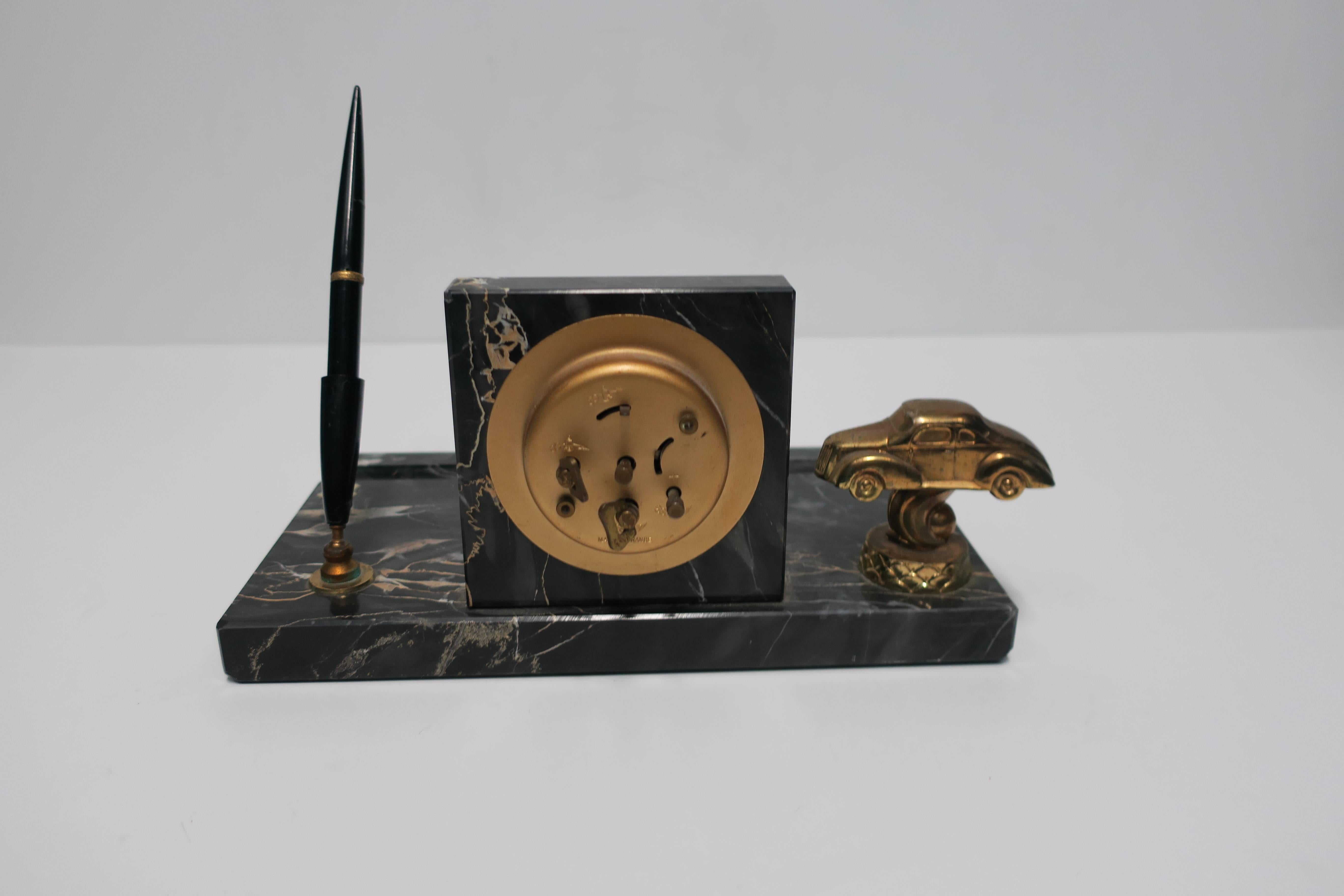 Mid-20th Century French Art Deco Black Marble Clock and Pen Desk Set