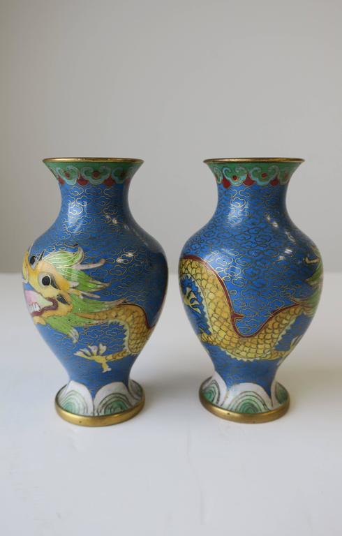 Chinese Blue Dragon Cloisonné and Brass Vases, a Pair For Sale 5