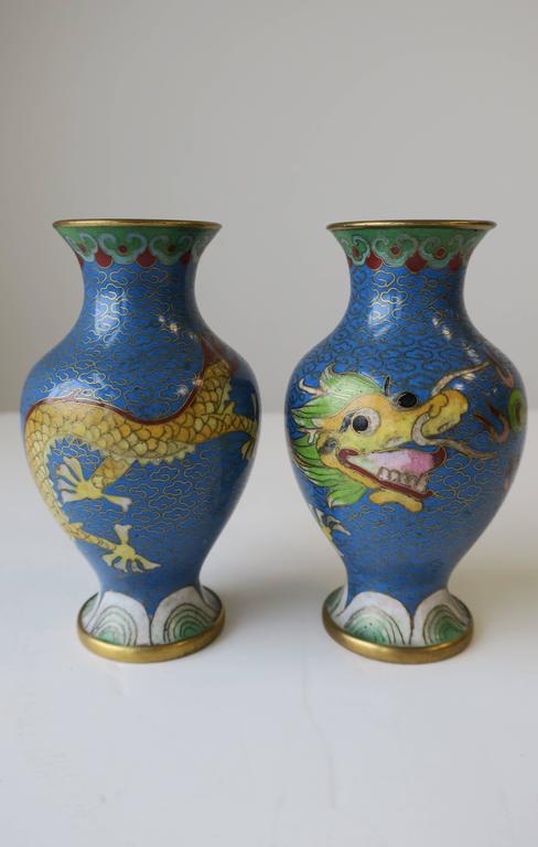 Chinese Blue Dragon Cloisonné and Brass Vases, a Pair For Sale 7