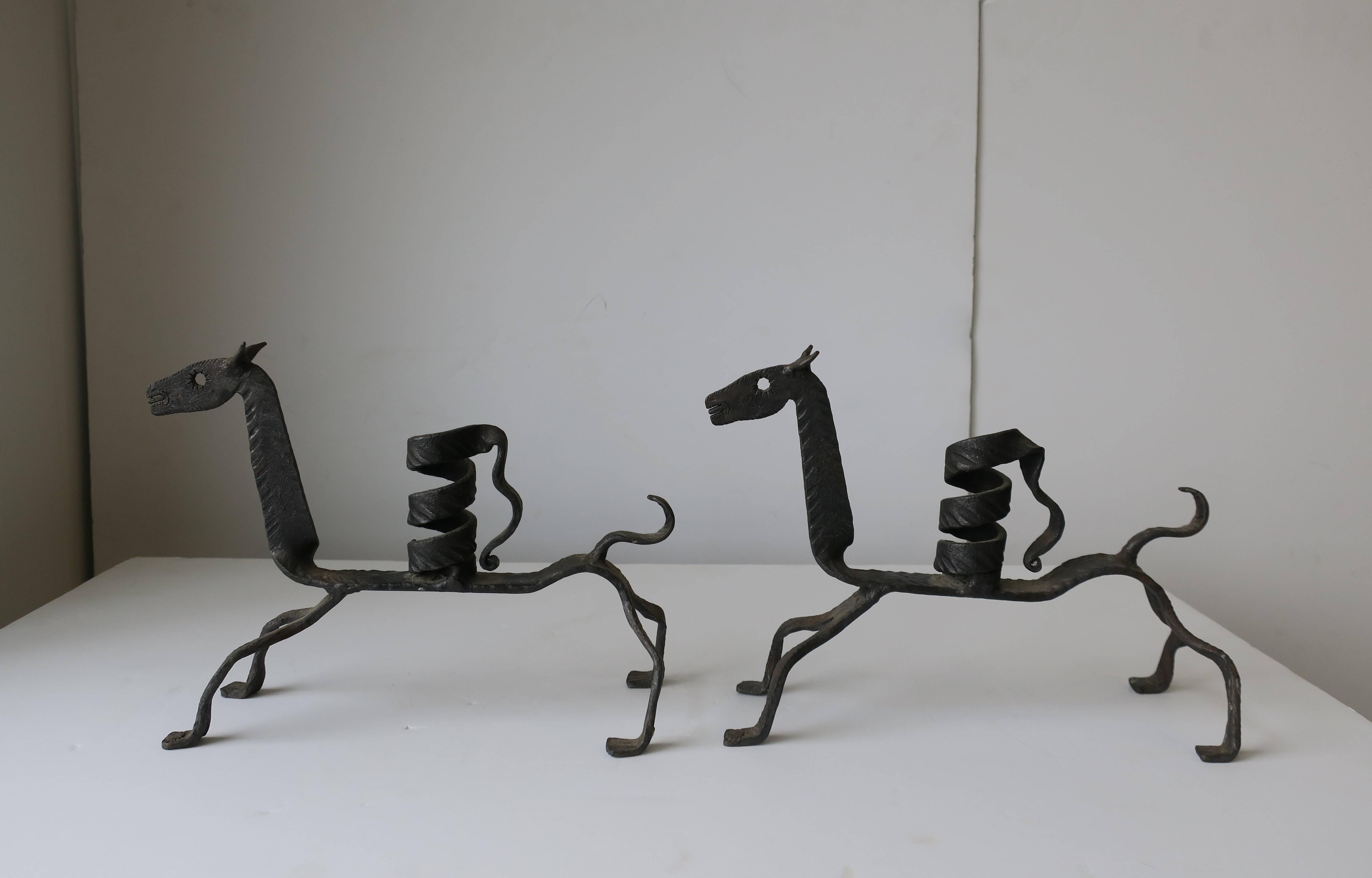 Folk Art Iron Horse Sculptures Candlestick Holders from Spain, Pair