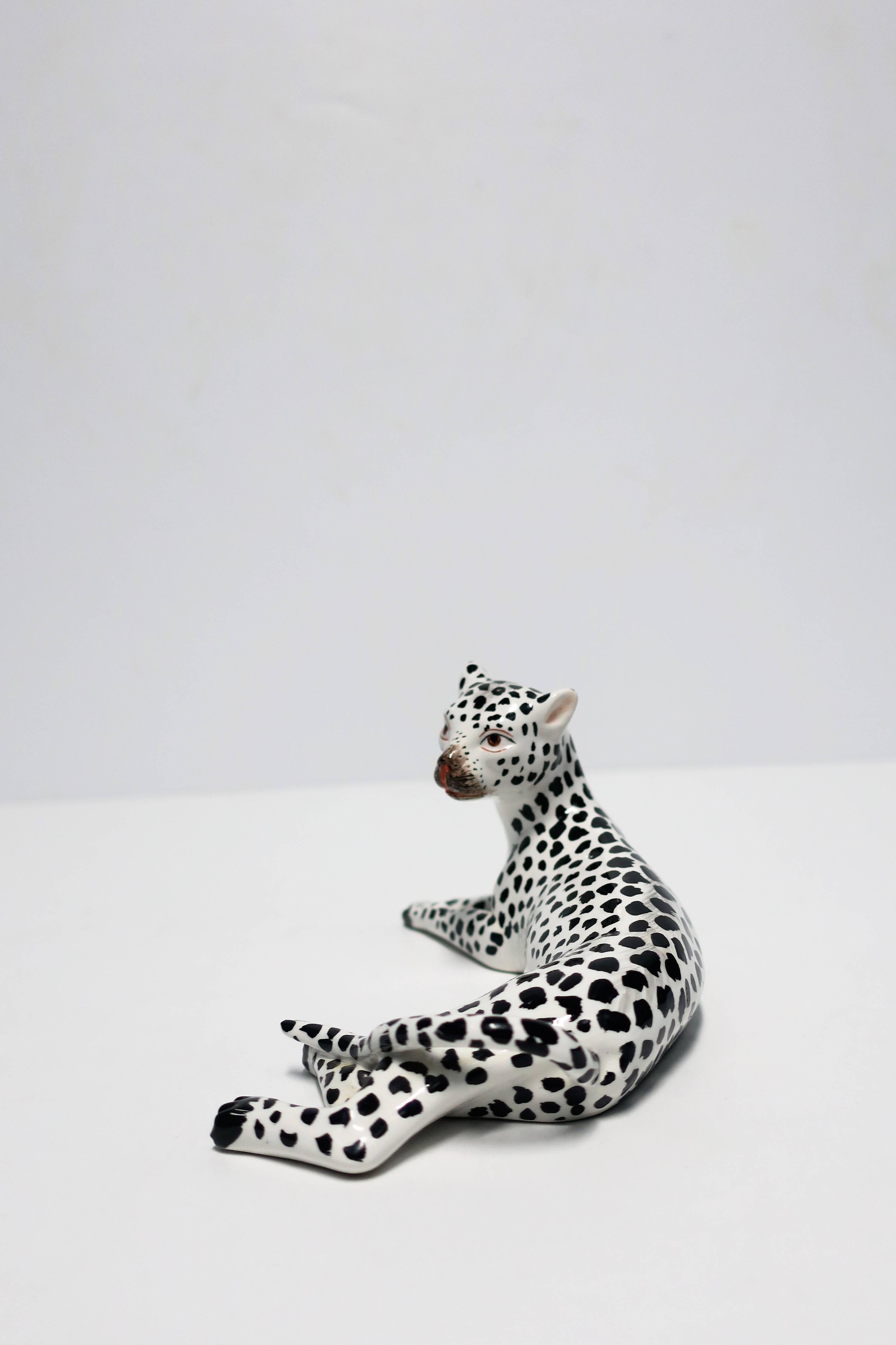 Glazed Italian Art Deco Black and White Cheetah Leopard Cat Sculpture