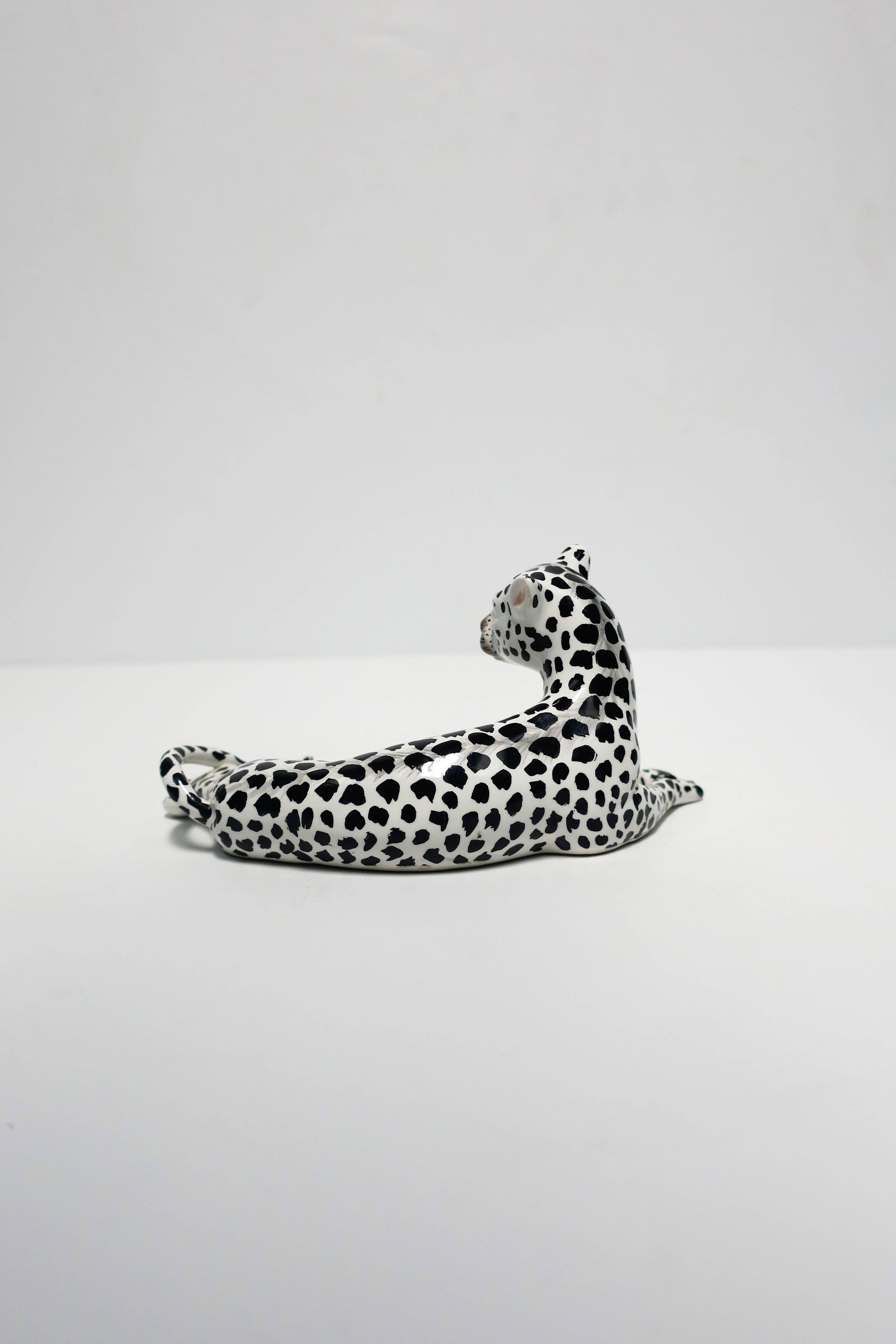 Porcelain Italian Art Deco Black and White Cheetah Leopard Cat Sculpture