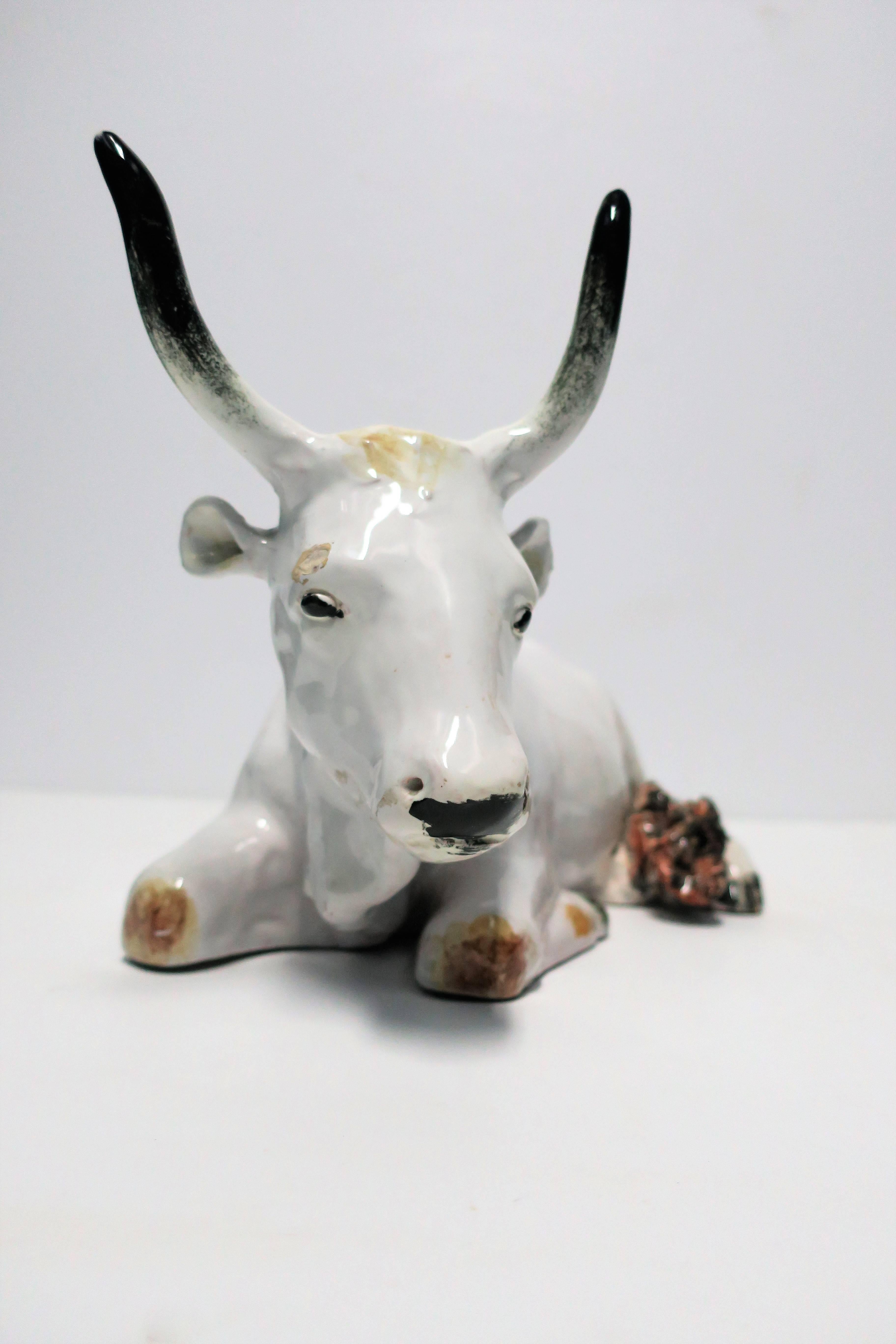 Rustic Italian White Pottery Animal Bovine Cow Sculpture