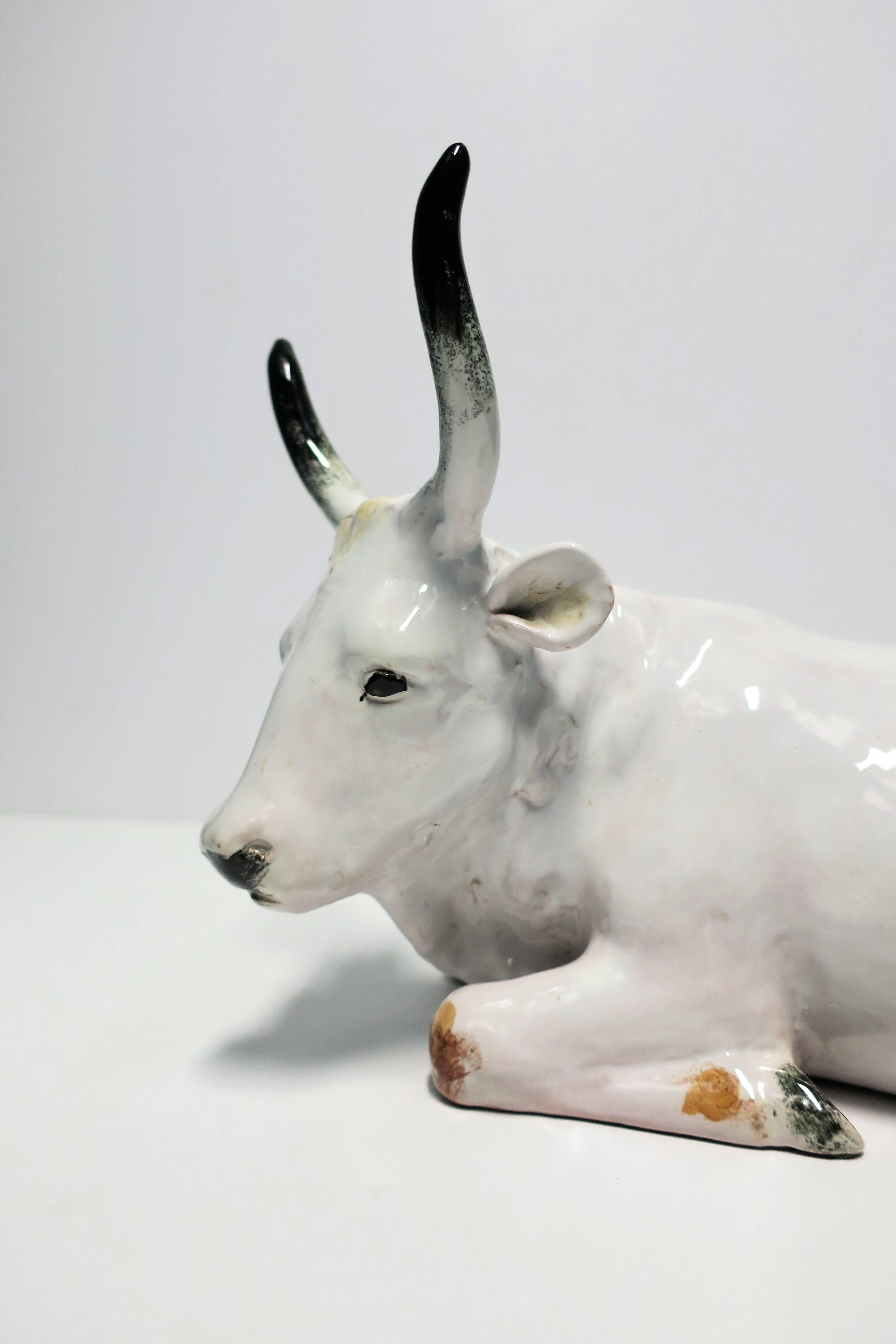 Glazed Italian White Pottery Animal Bovine Cow Sculpture