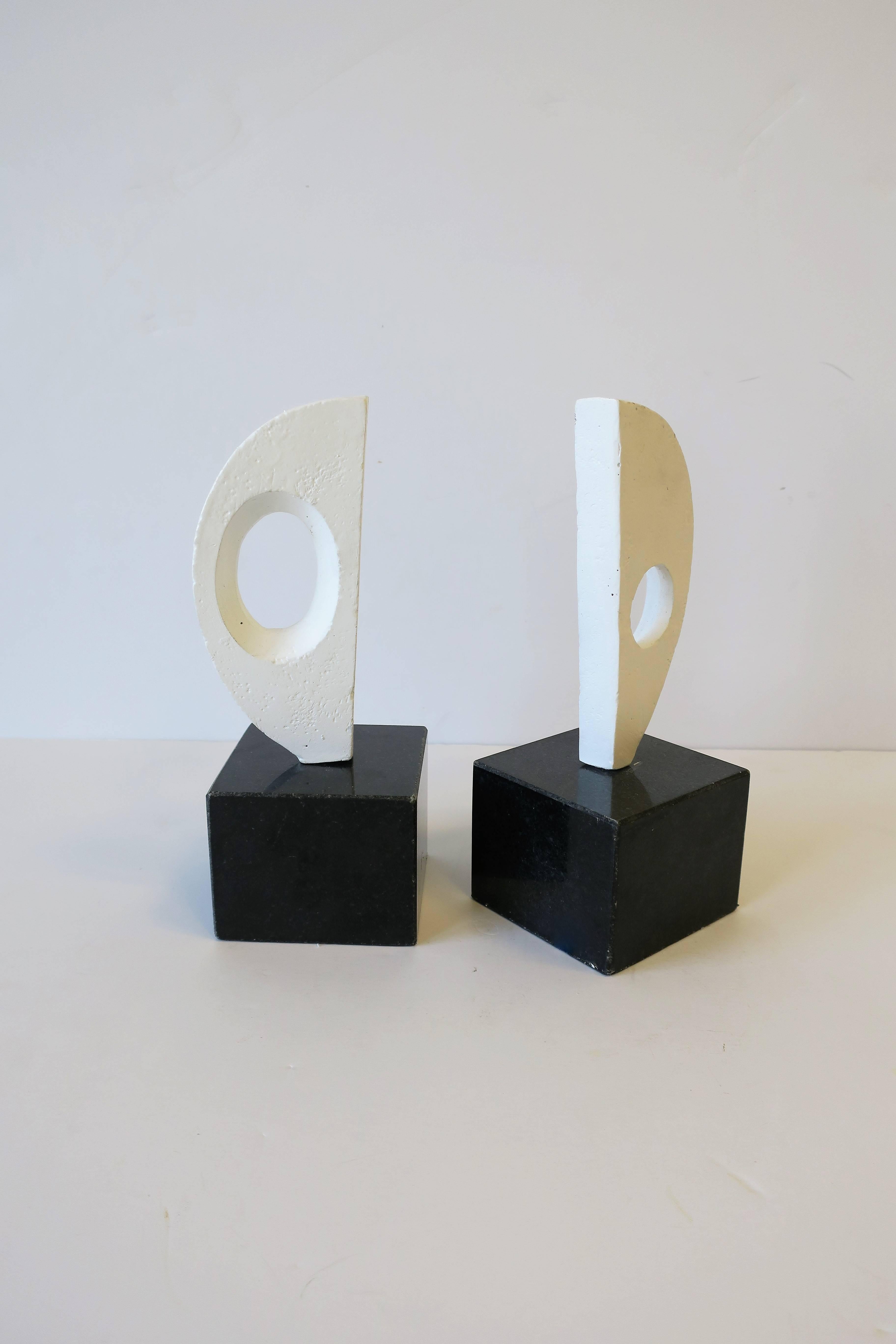 Metal Pair of Black and White Abstract Sculpture Bookends on Marble Bases