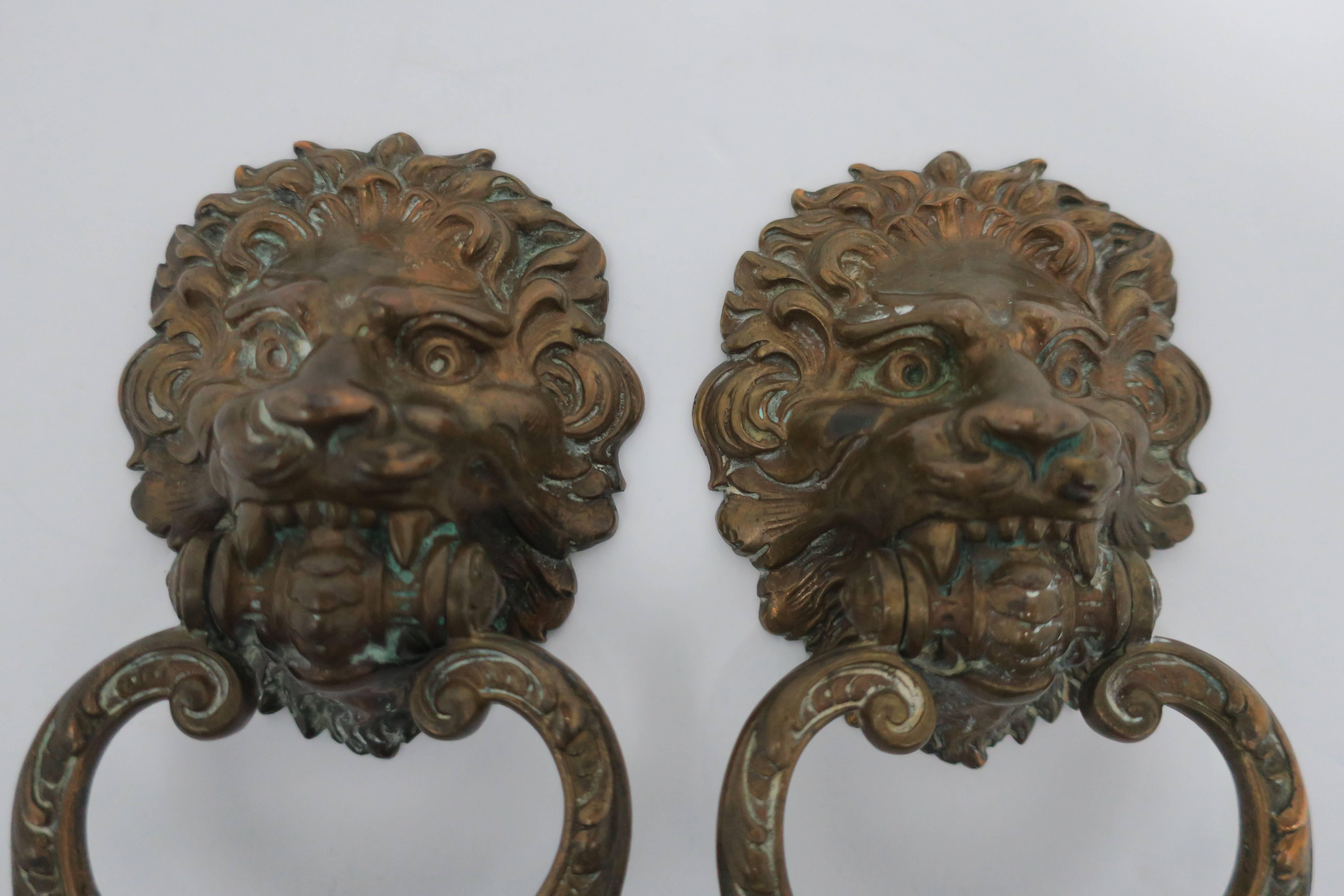 Vintage Pair of Neoclassical Lion Head Bronze Hardware Door Knockers 1