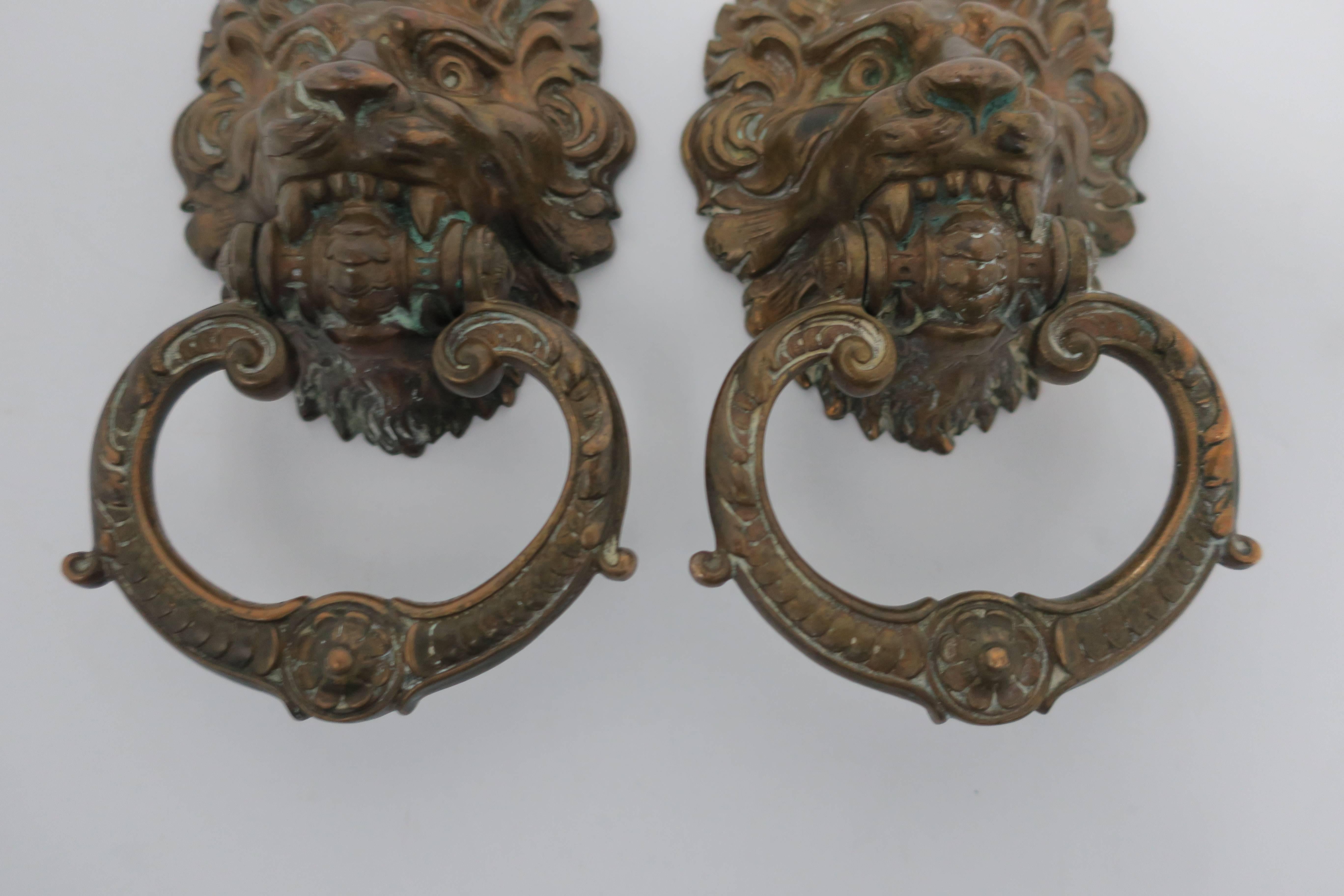 Vintage Pair of Neoclassical Lion Head Bronze Hardware Door Knockers 2