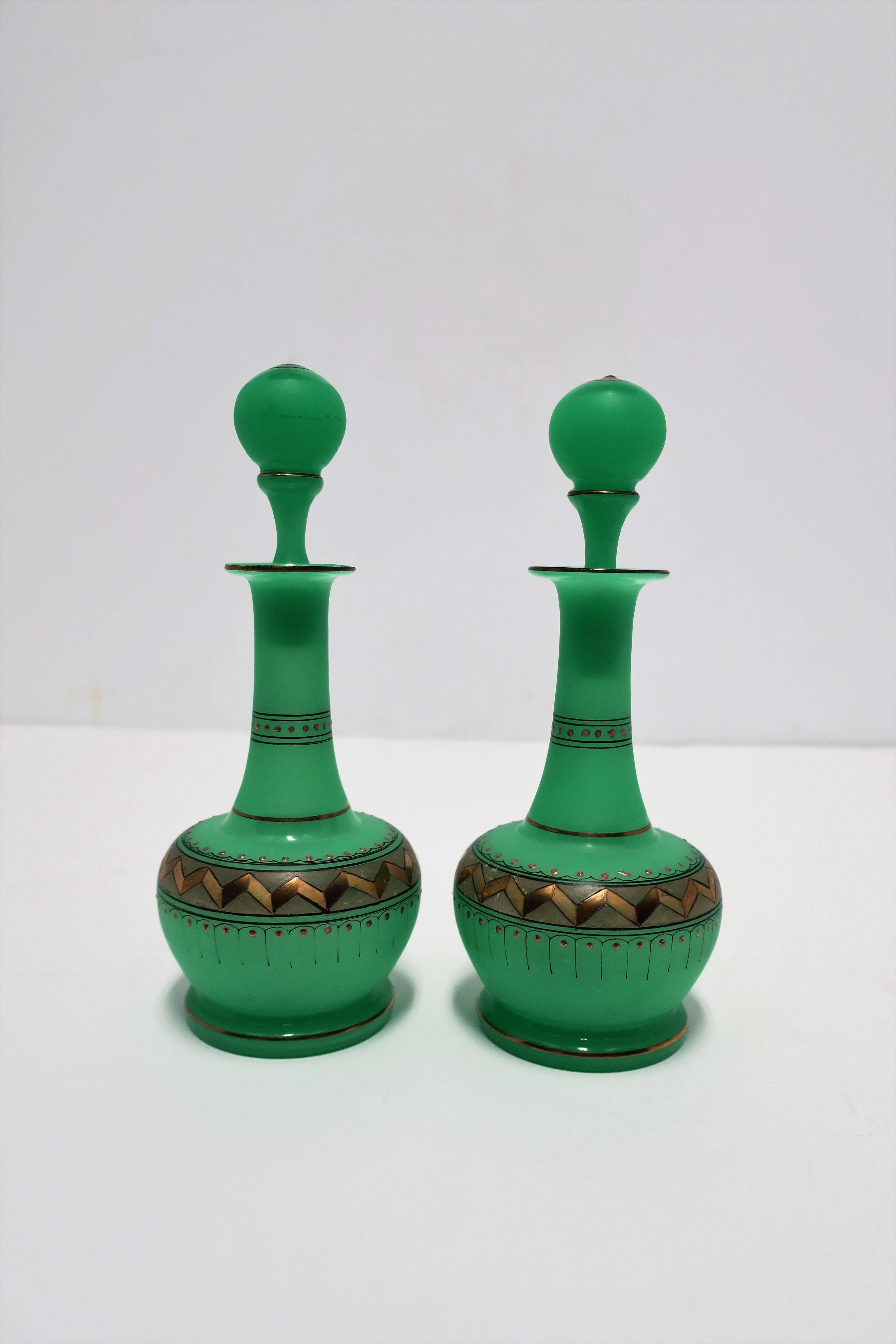 Art Deco Pair Italian Emerald Green Opaline Glass & Gold Chevron Perfume Vantiy Bottles