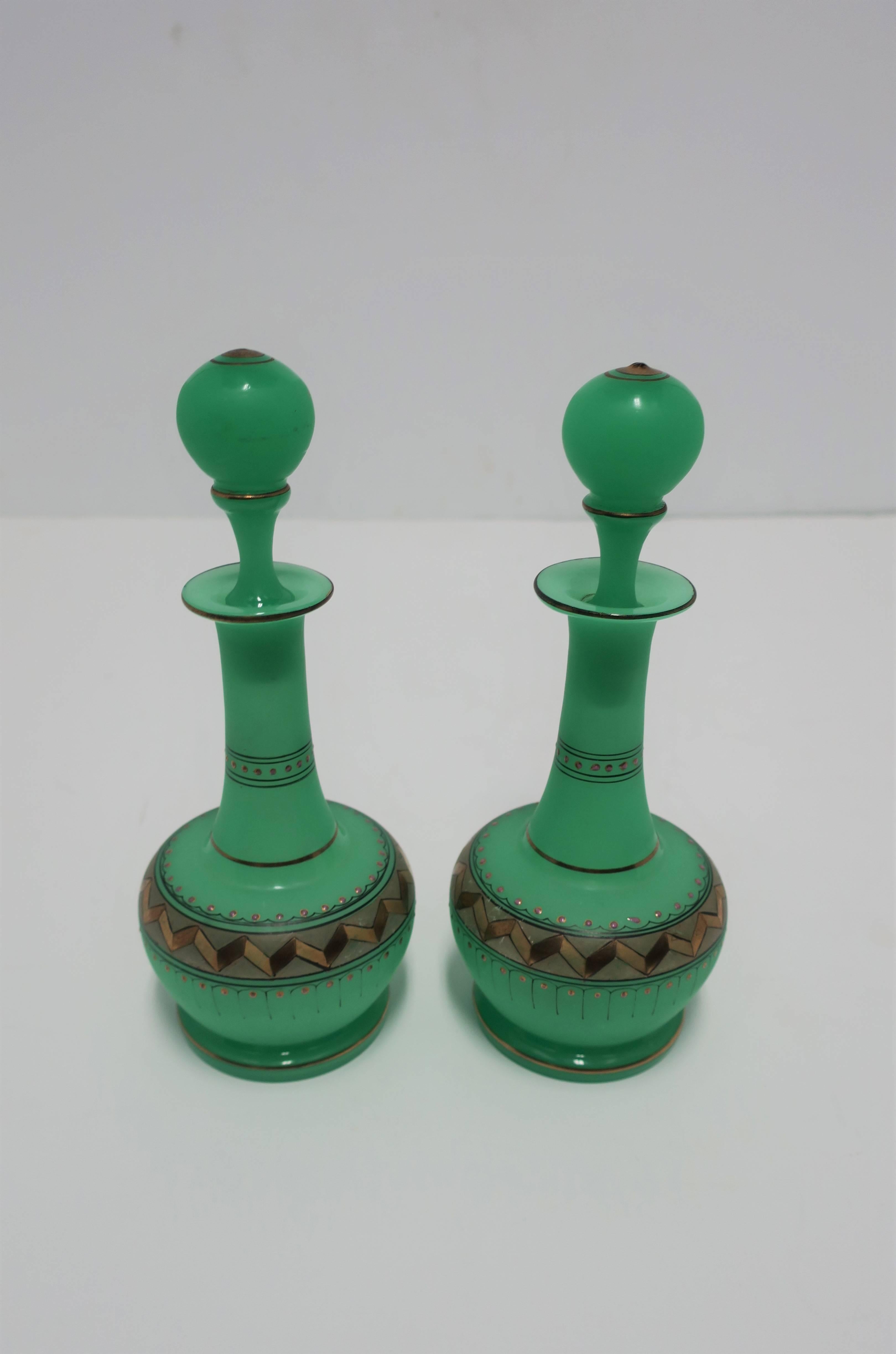 Hand-Painted Pair Italian Emerald Green Opaline Glass & Gold Chevron Perfume Vantiy Bottles