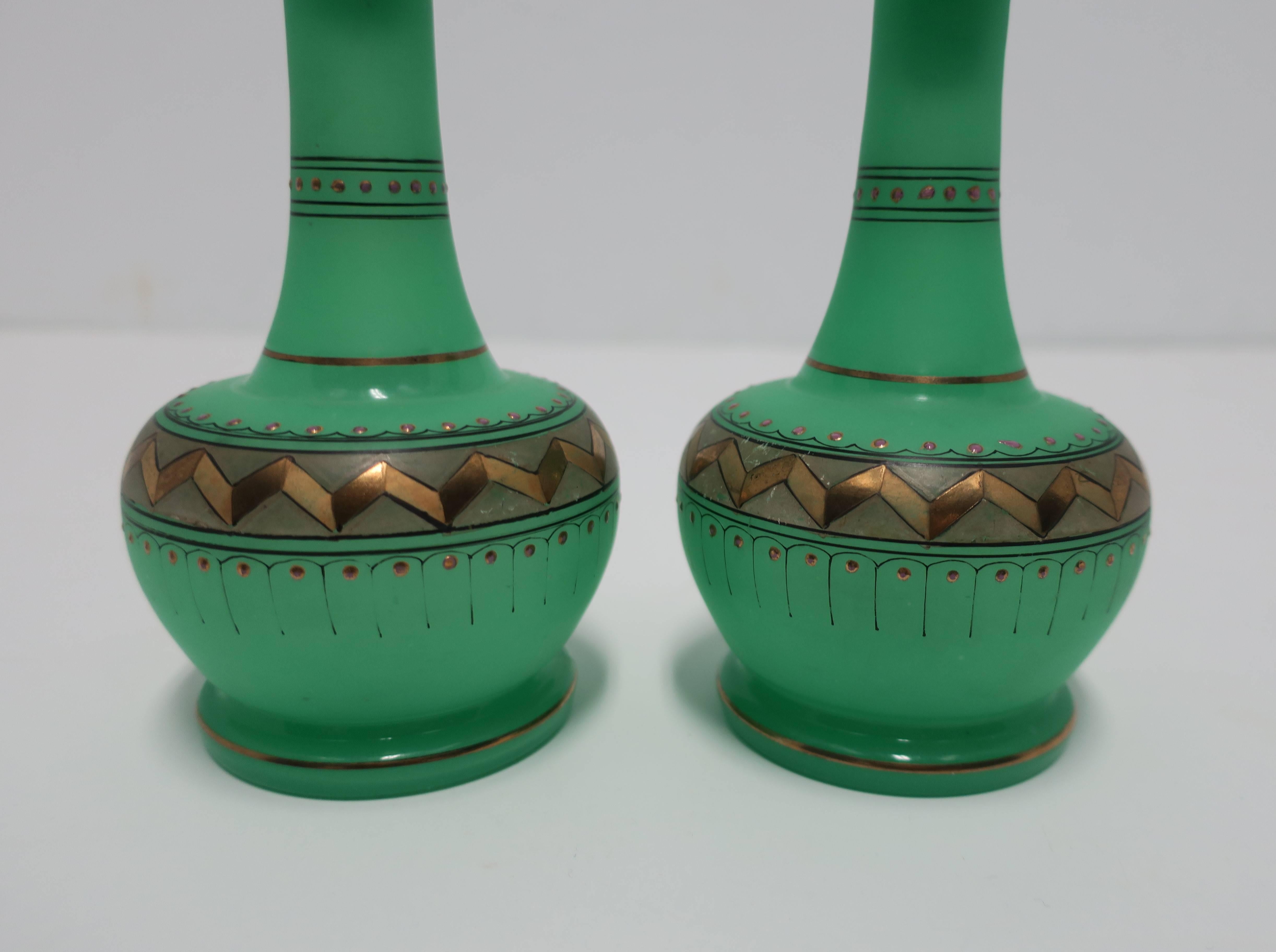 Mid-20th Century Pair Italian Emerald Green Opaline Glass & Gold Chevron Perfume Vantiy Bottles