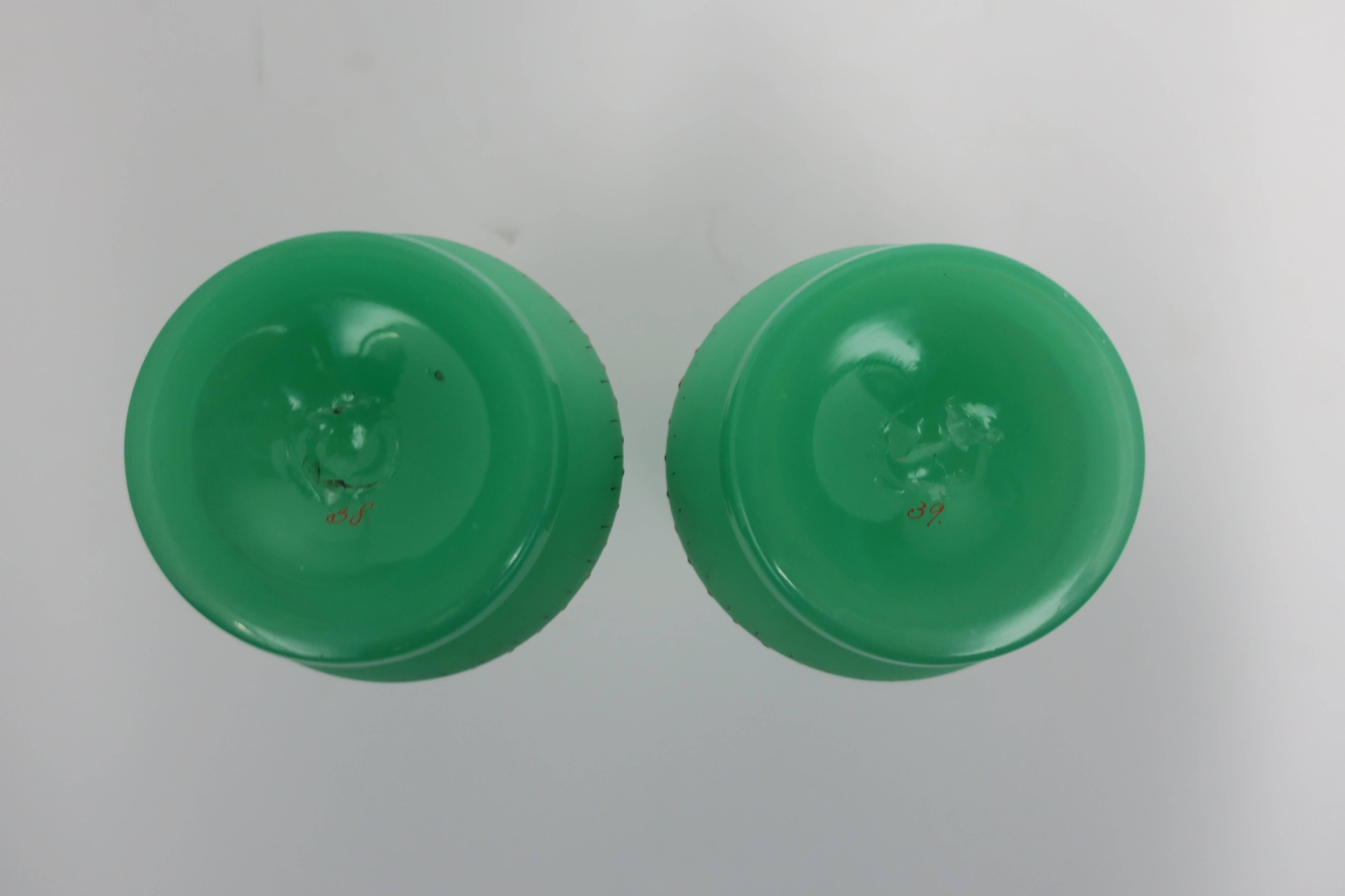Pair Italian Emerald Green Opaline Glass & Gold Chevron Perfume Vantiy Bottles 2