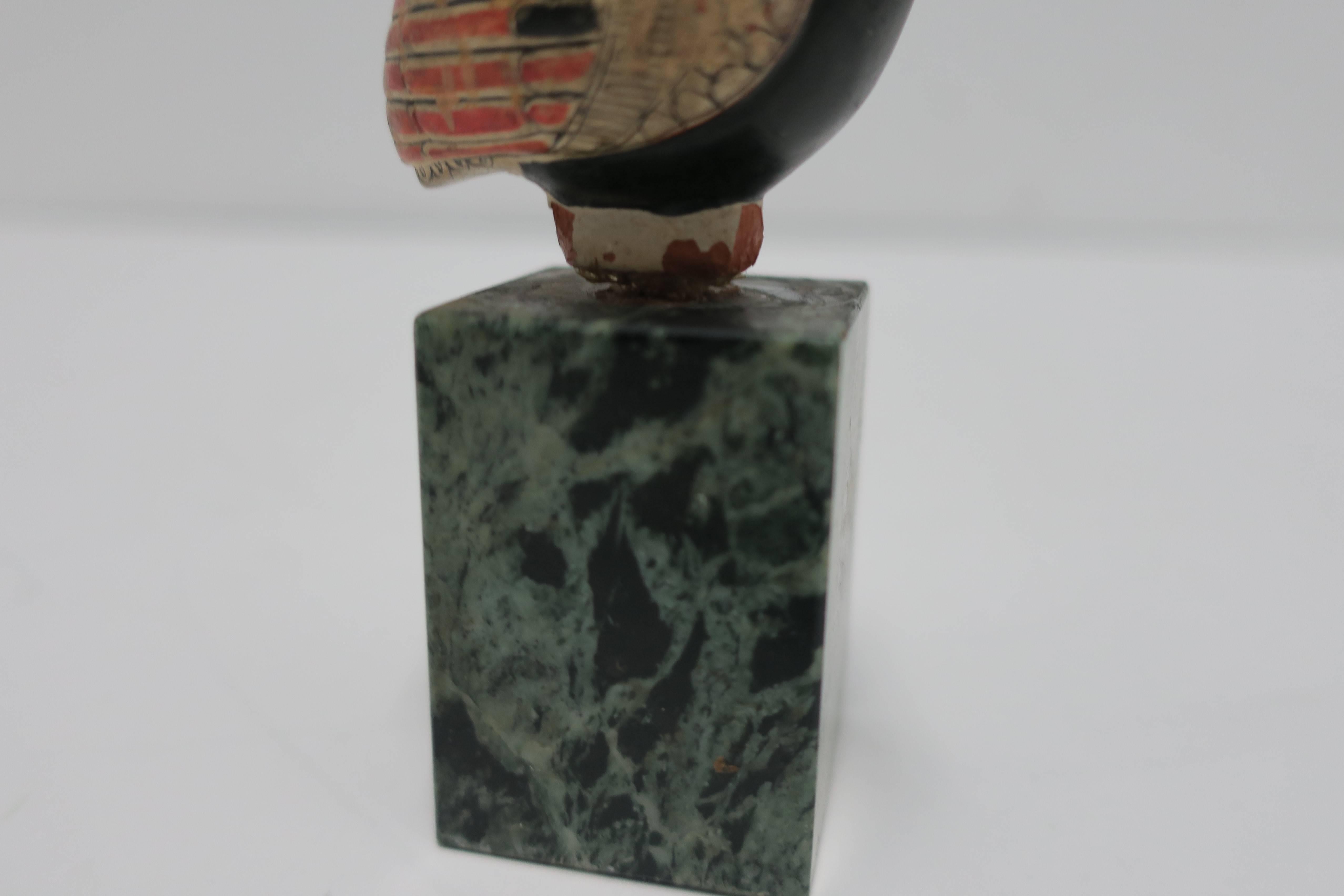 Unique Small Vintage Owl Bird Sculpture on Green Marble Pedestal Base 3