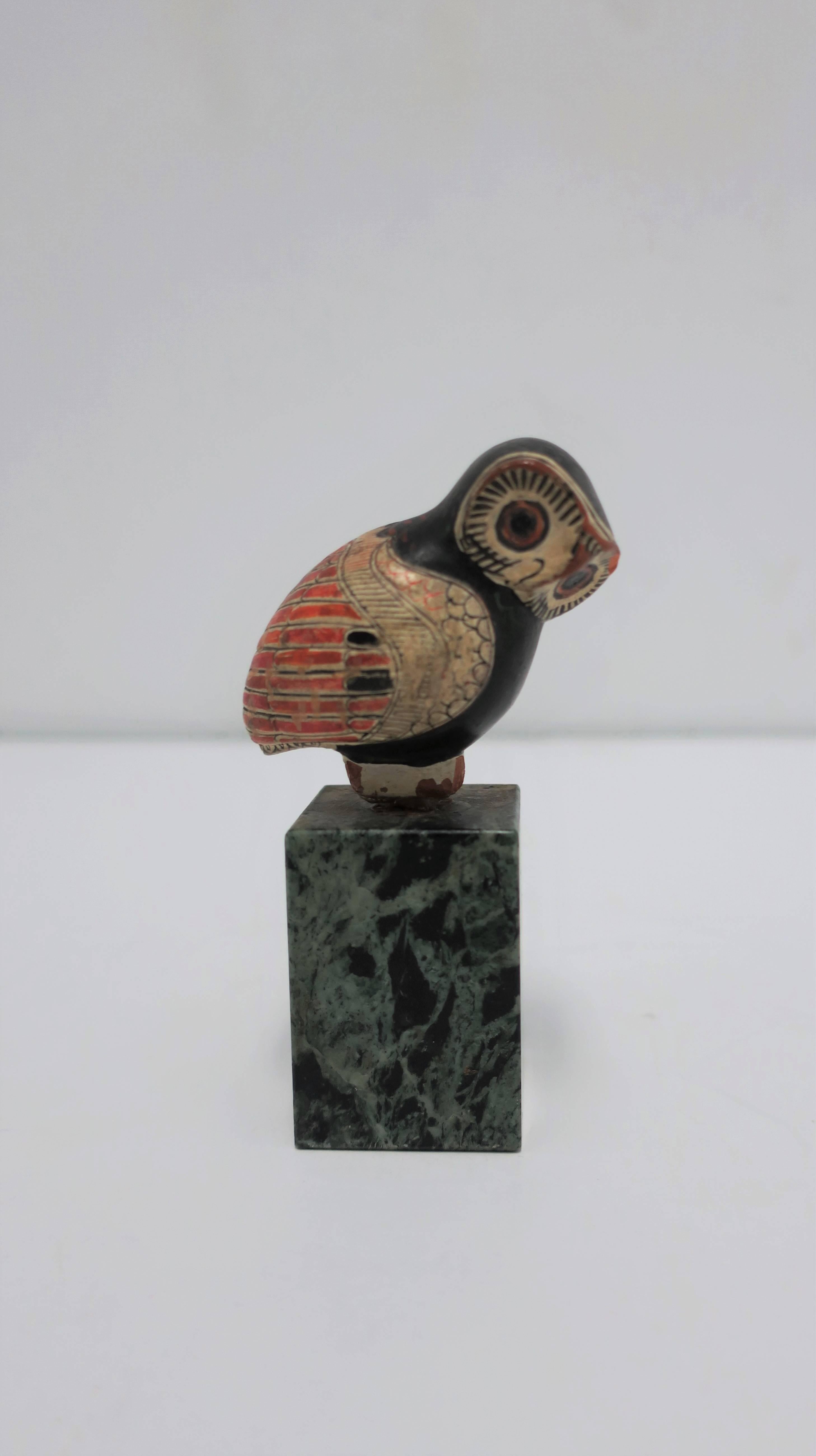 Hand-Painted Unique Small Vintage Owl Bird Sculpture on Green Marble Pedestal Base