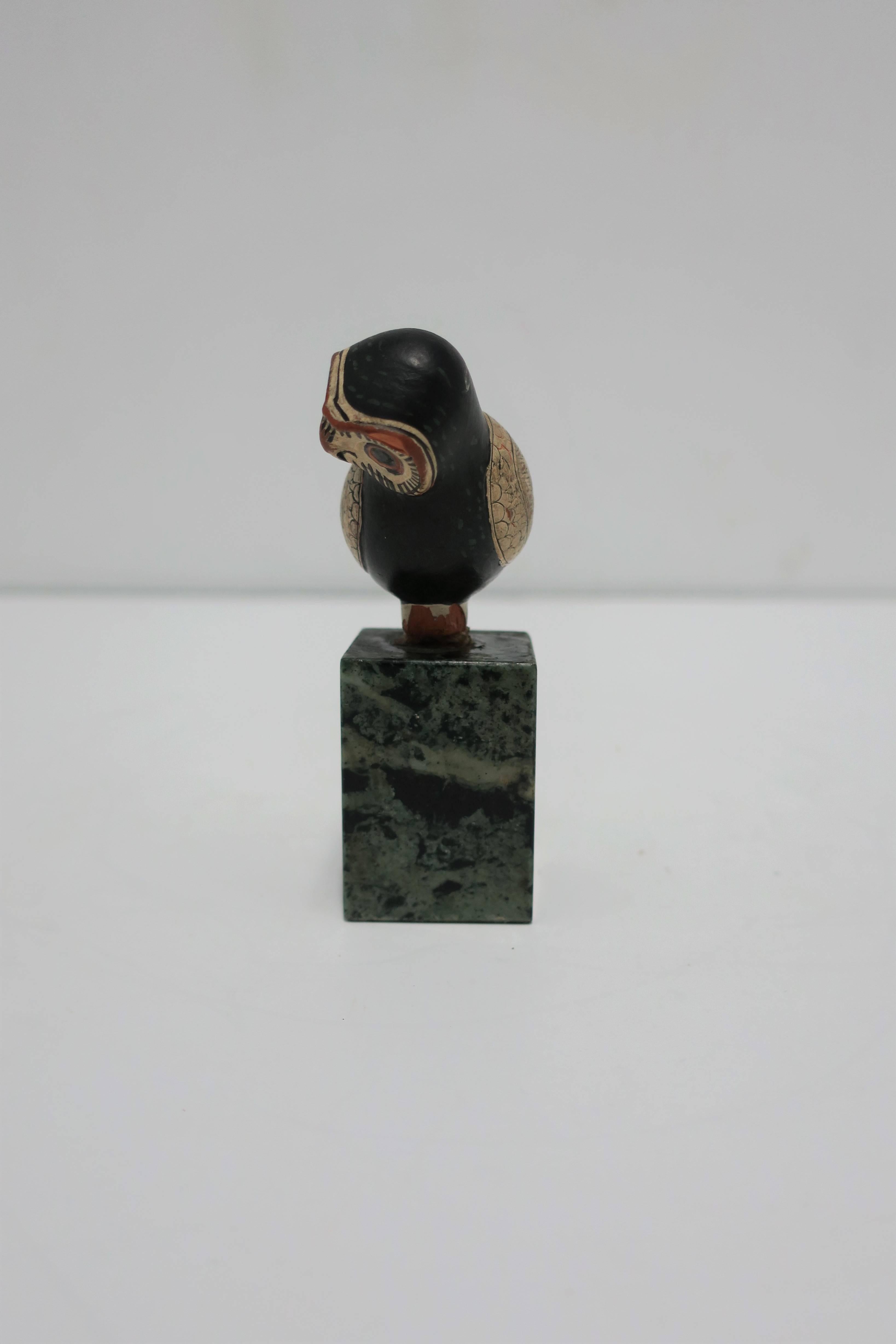 20th Century Unique Small Vintage Owl Bird Sculpture on Green Marble Pedestal Base