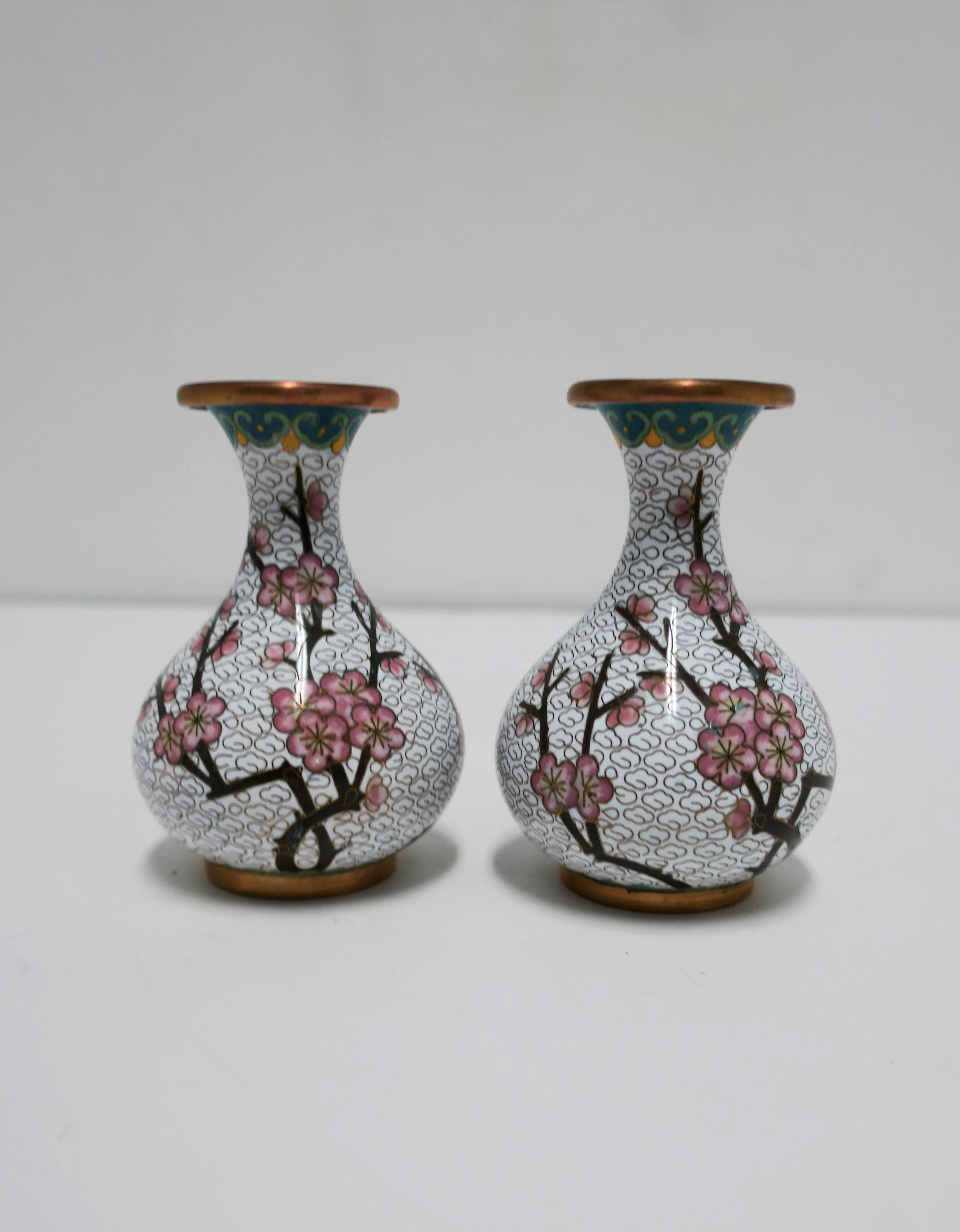 Japanese White and Pink Cloisonné Enamel Brass Vases with Cherry Blossom Design, Pair For Sale