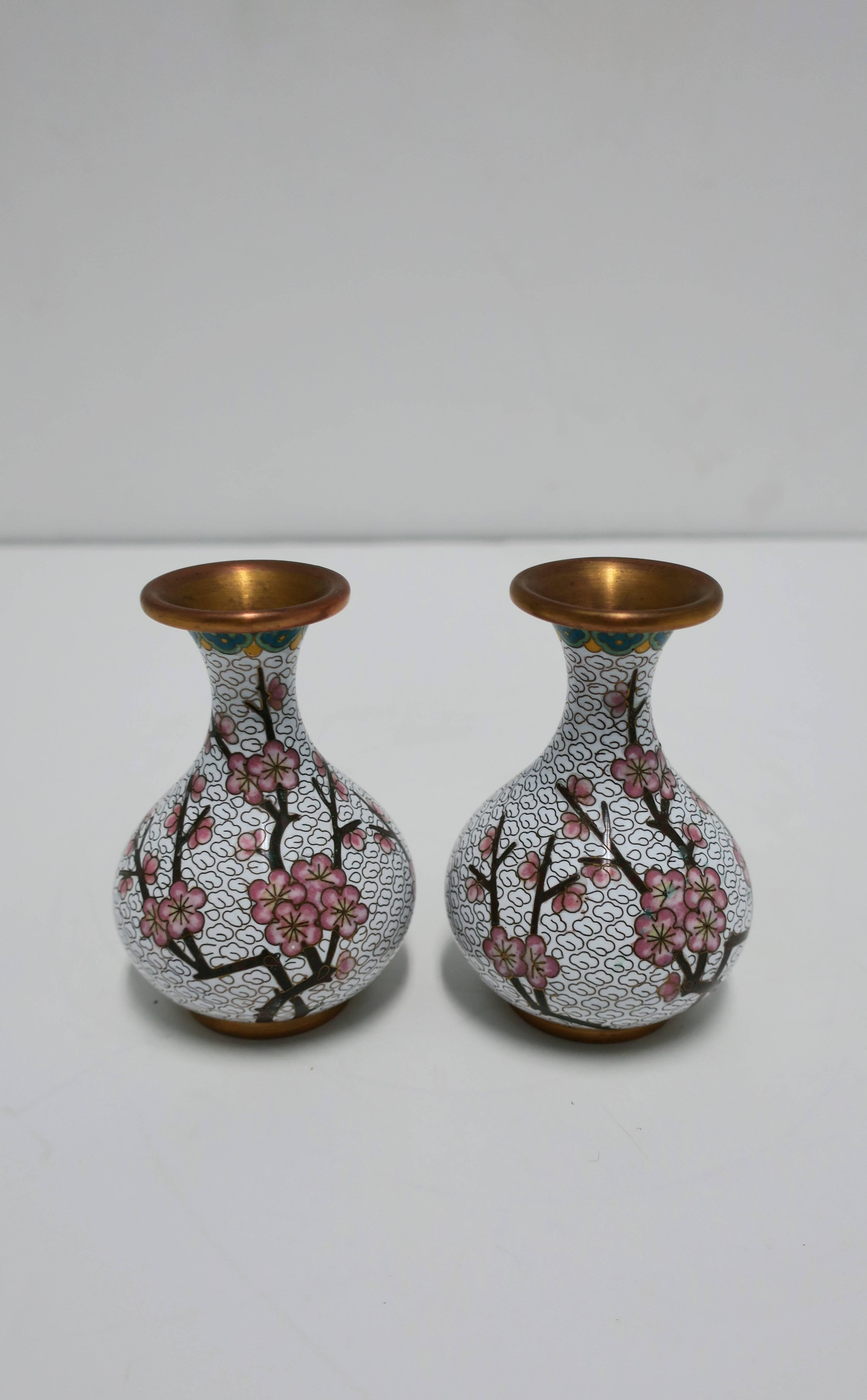 White and Pink Cloisonné Enamel Brass Vases with Cherry Blossom Design, Pair For Sale 1