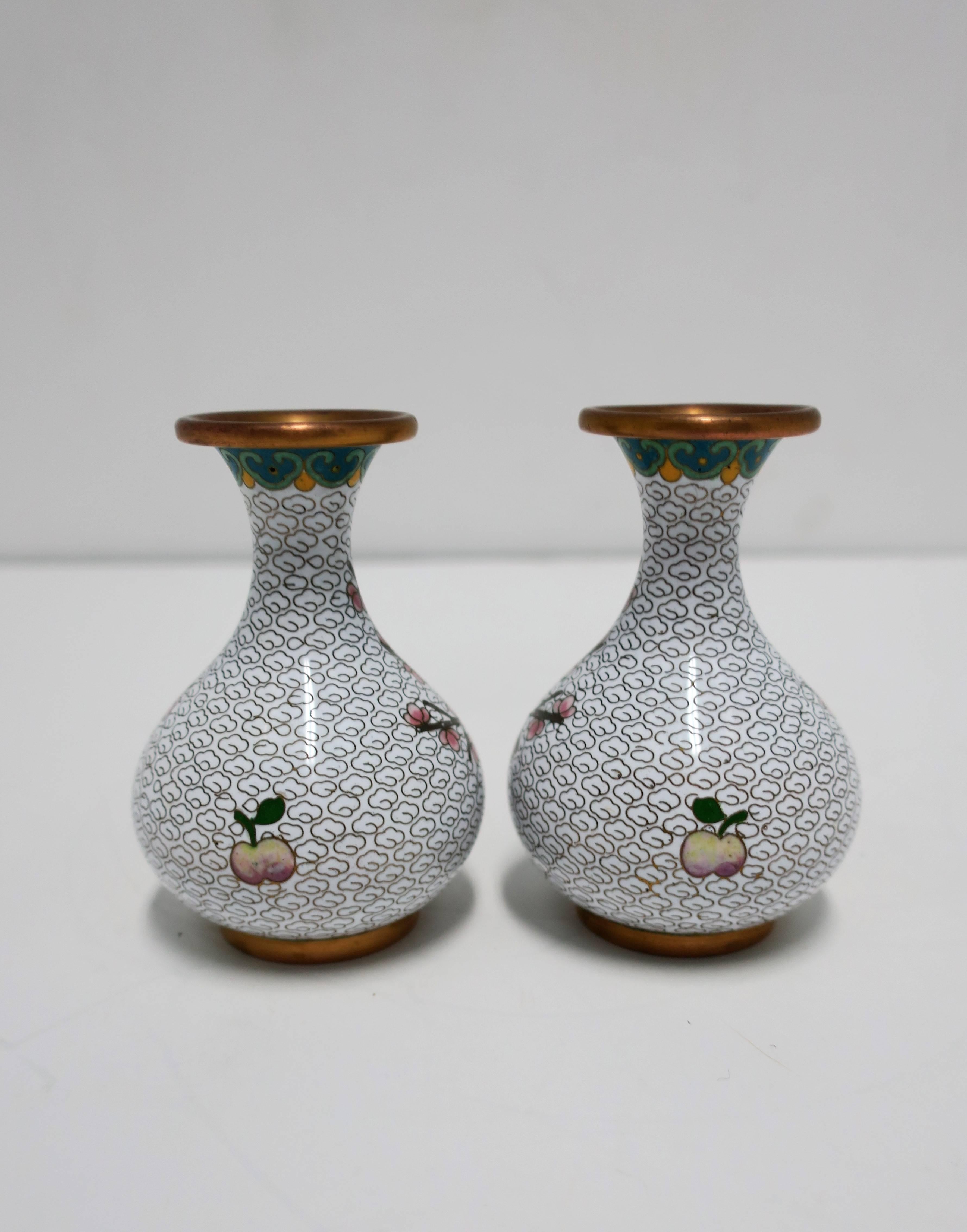 White and Pink Cloisonné Enamel Brass Vases with Cherry Blossom Design, Pair For Sale 2