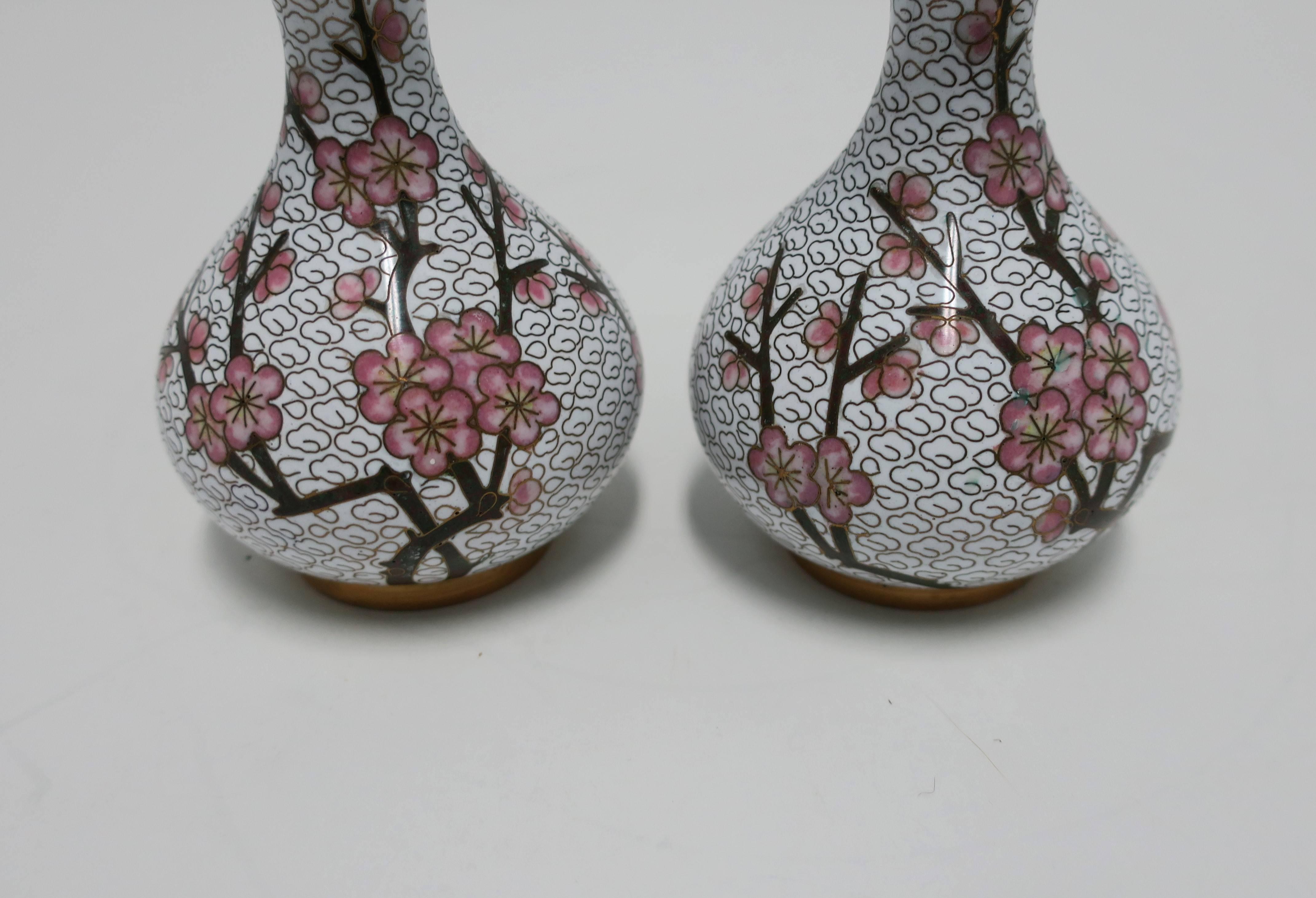 White and Pink Cloisonné Enamel Brass Vases with Cherry Blossom Design, Pair For Sale 4