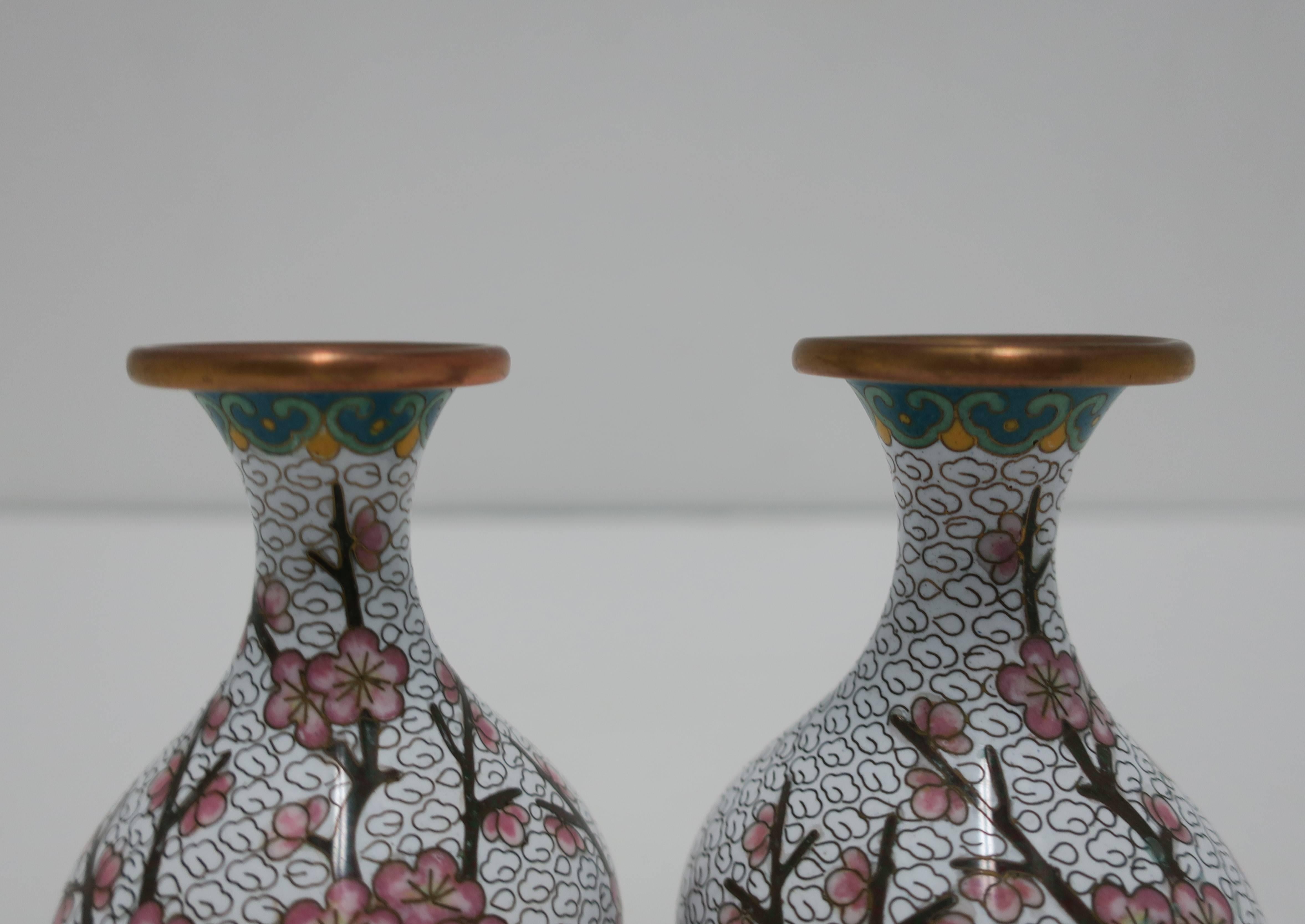 White and Pink Cloisonné Enamel Brass Vases with Cherry Blossom Design, Pair For Sale 3