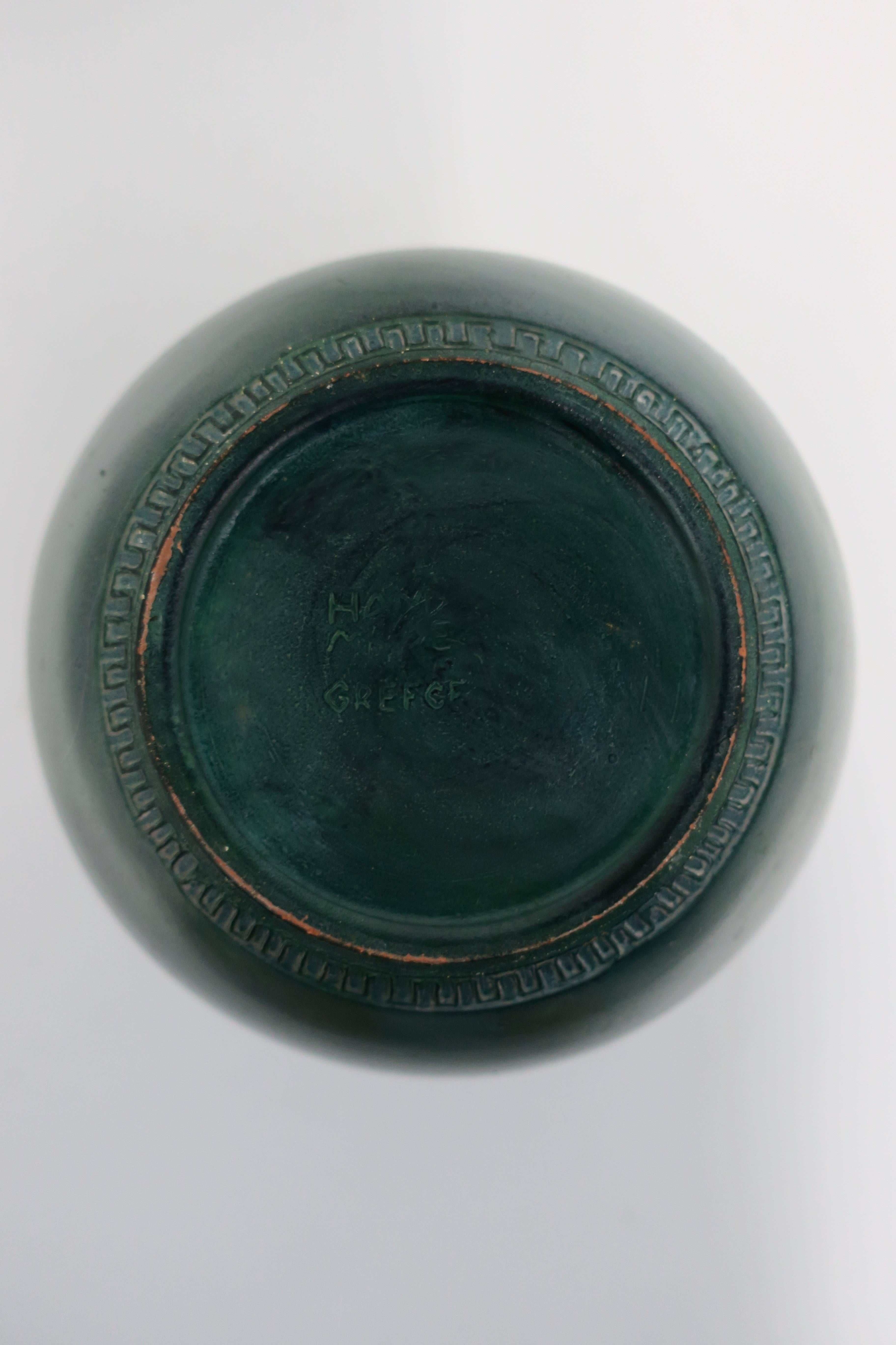 Handmade Vintage Dark Green Pottery Vase with Figural Relief Design, Greece In Excellent Condition In New York, NY