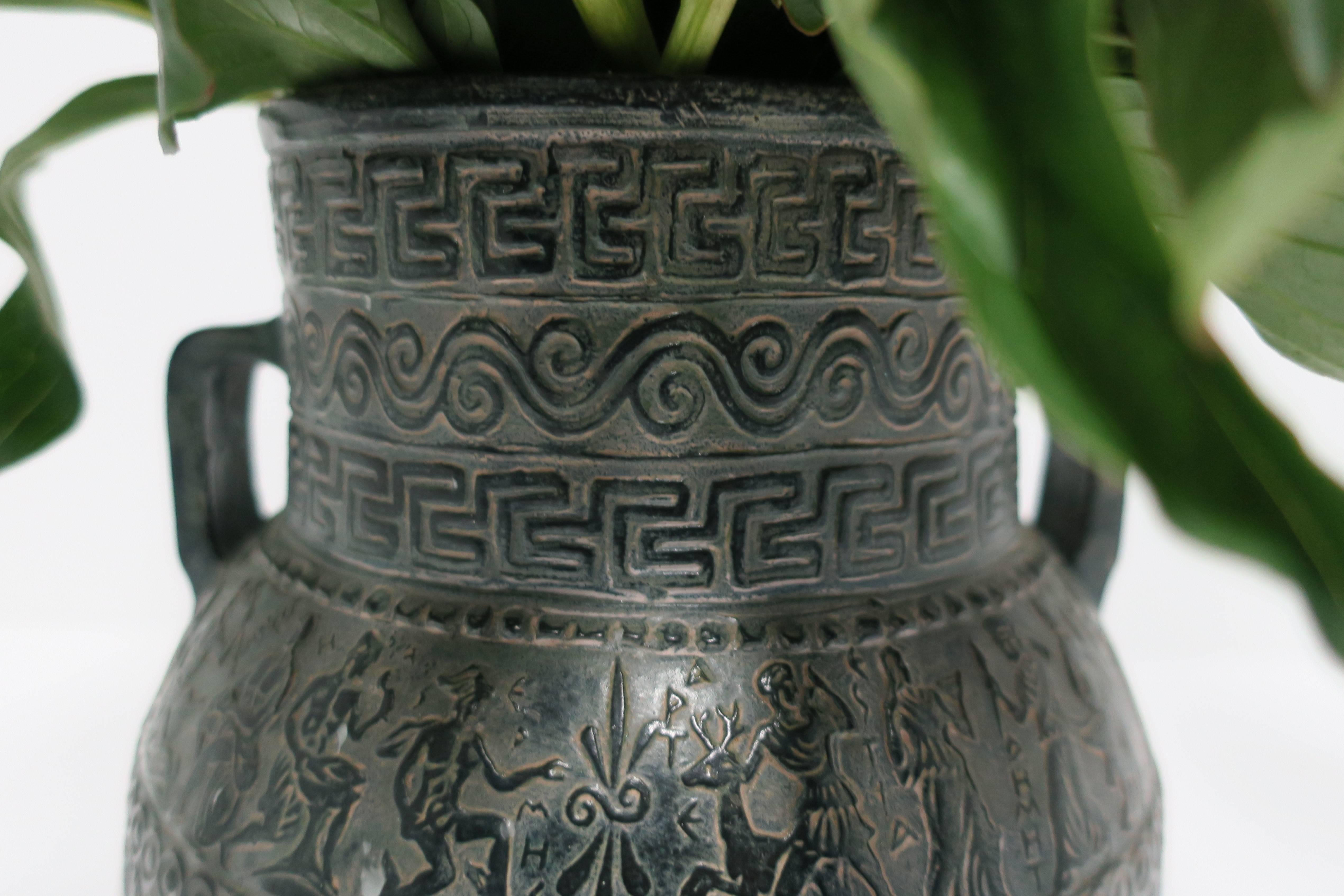 Embossed Handmade Vintage Dark Green Pottery Vase with Figural Relief Design, Greece