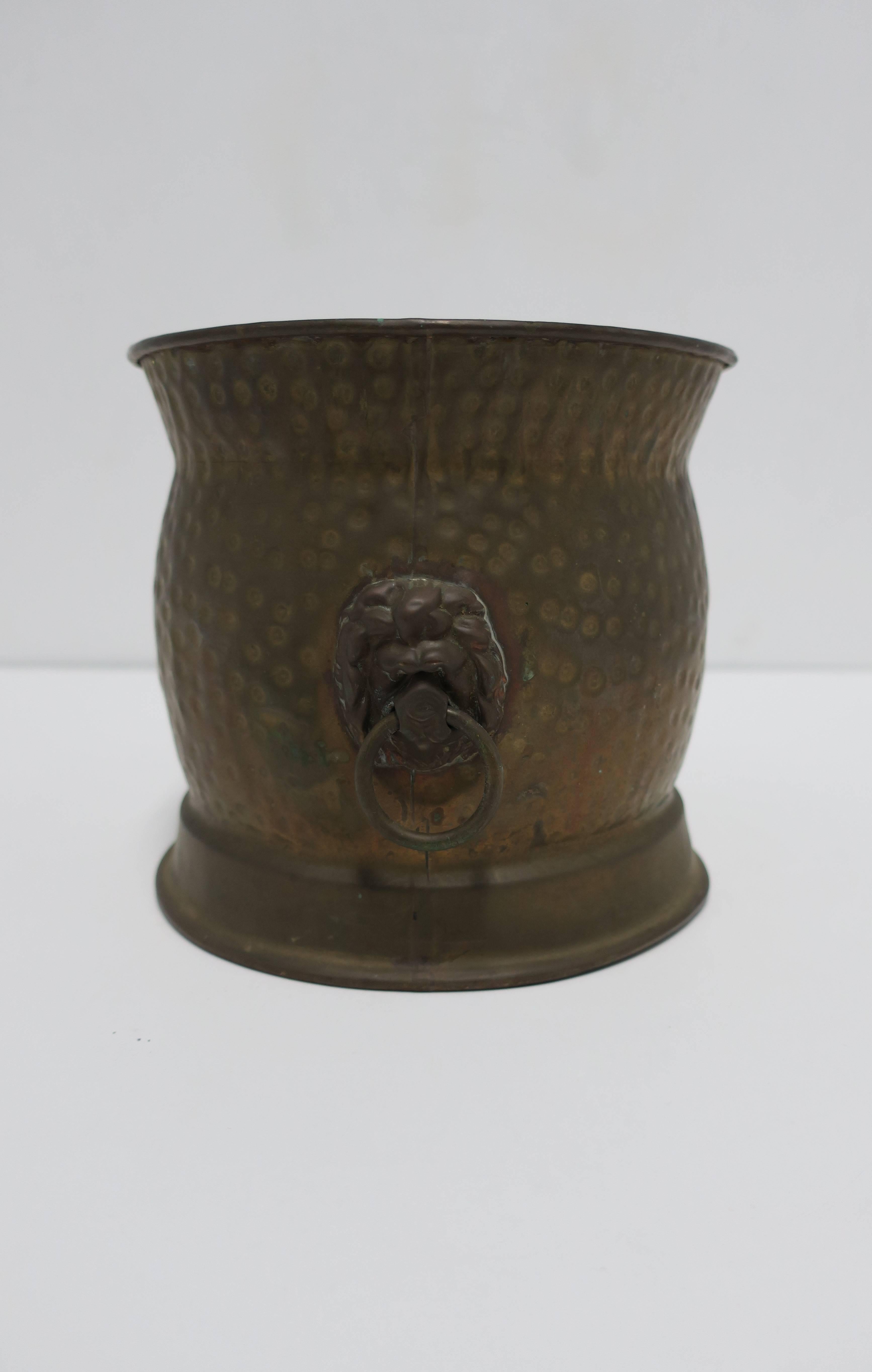 English Brass Plant Pot Holder Cachepot with Lion Head Detail, ca. 20th c.  4