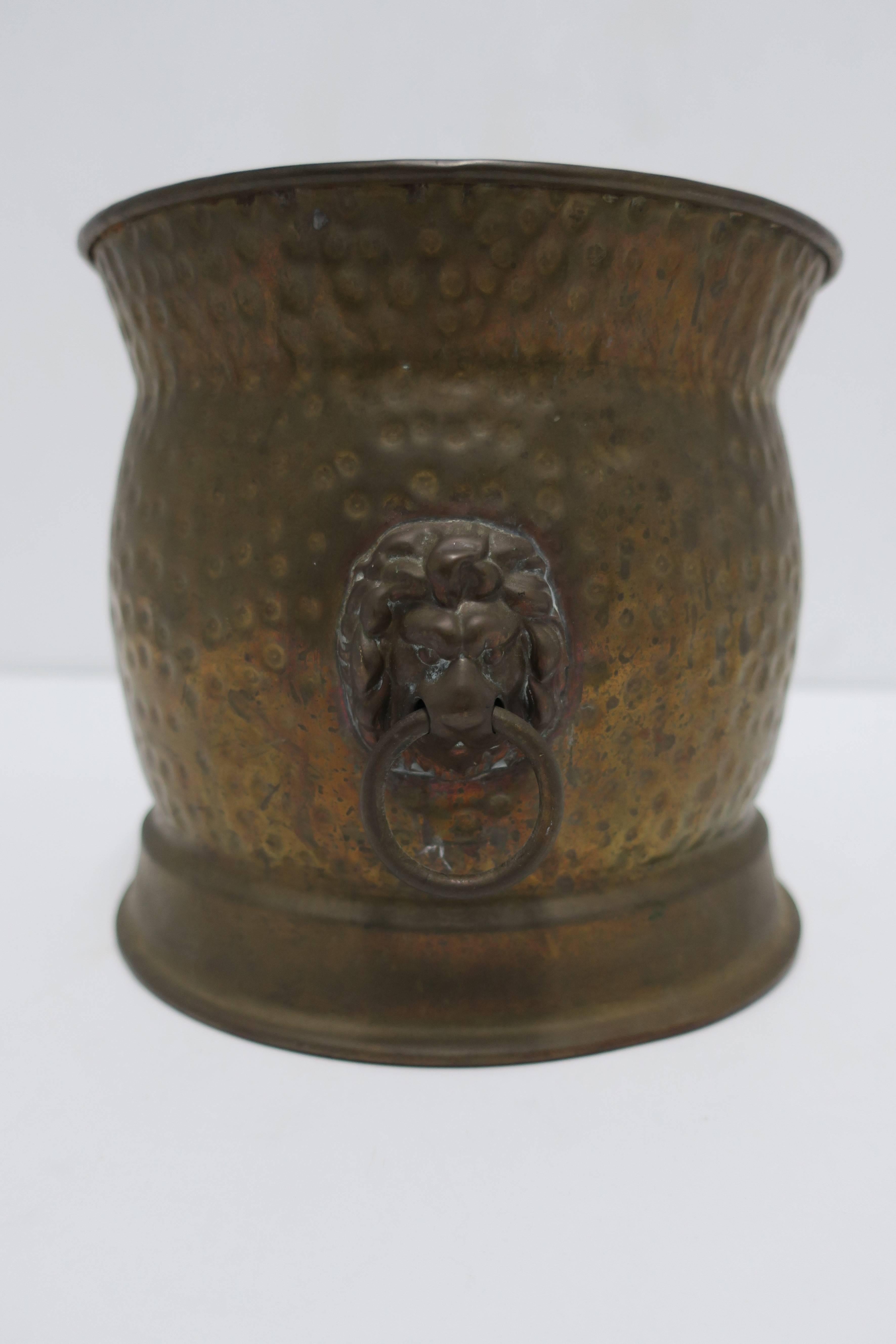 English Brass Plant Pot Holder Cachepot with Lion Head Detail, ca. 20th c.  3